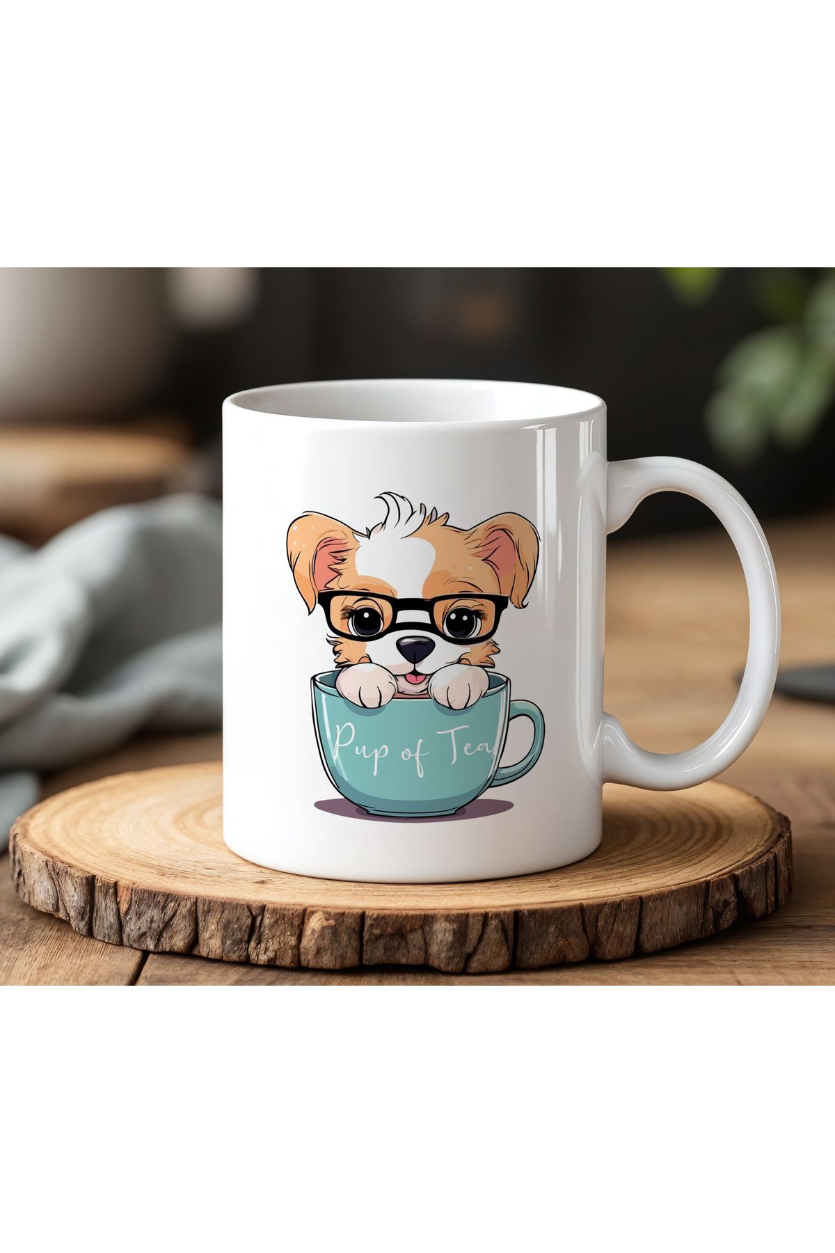 BB TRADE Pup Of Tea Tasarımlı Beyaz Seramik Baskılı Kupa Bardak 330ml