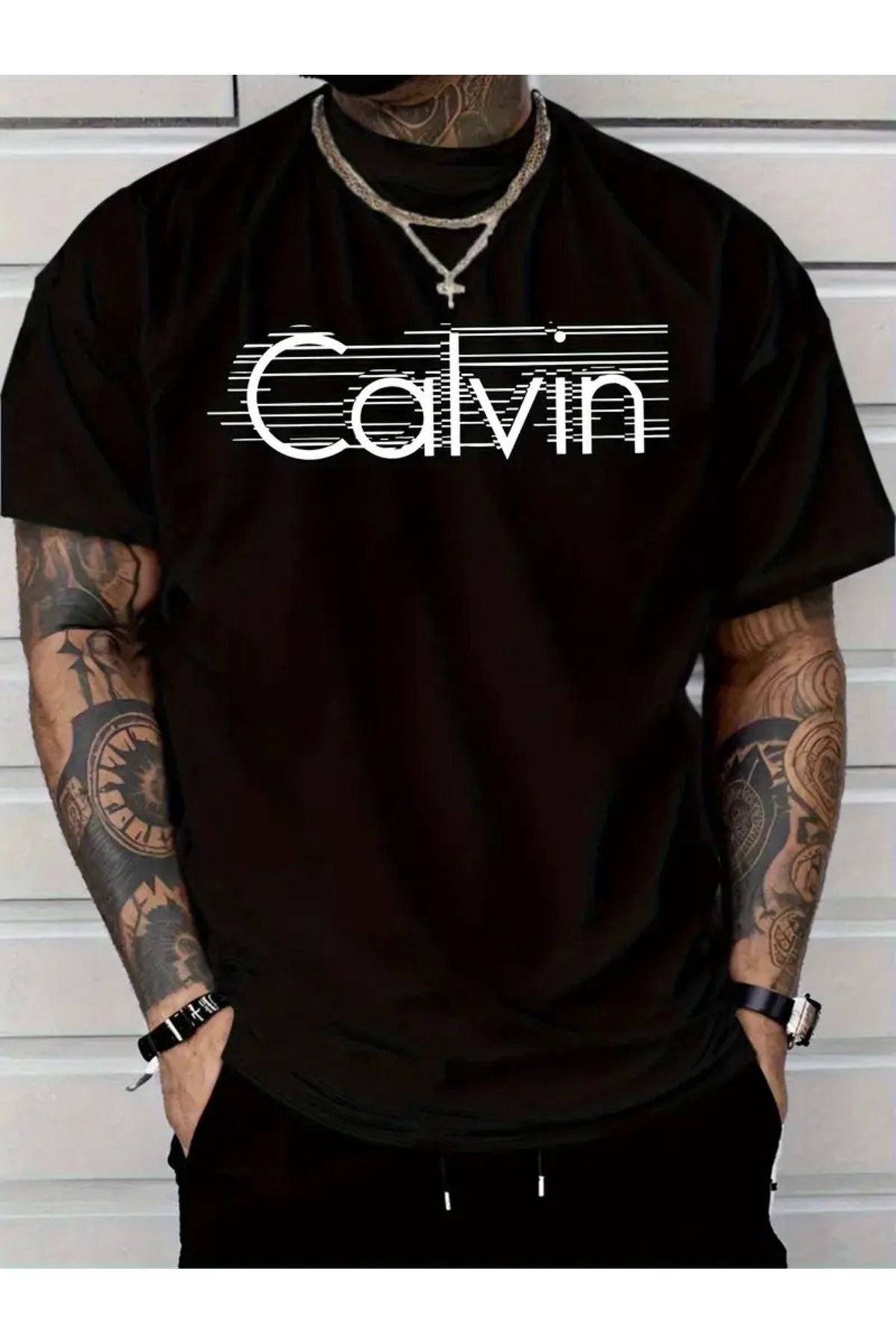 LAND MODA Erkekler için Günlük Moda Kısa Kollu "Calvin" Yazılı Tişört, Düzenli Kalıp Yuvarlak Yaka, Rahat Esn