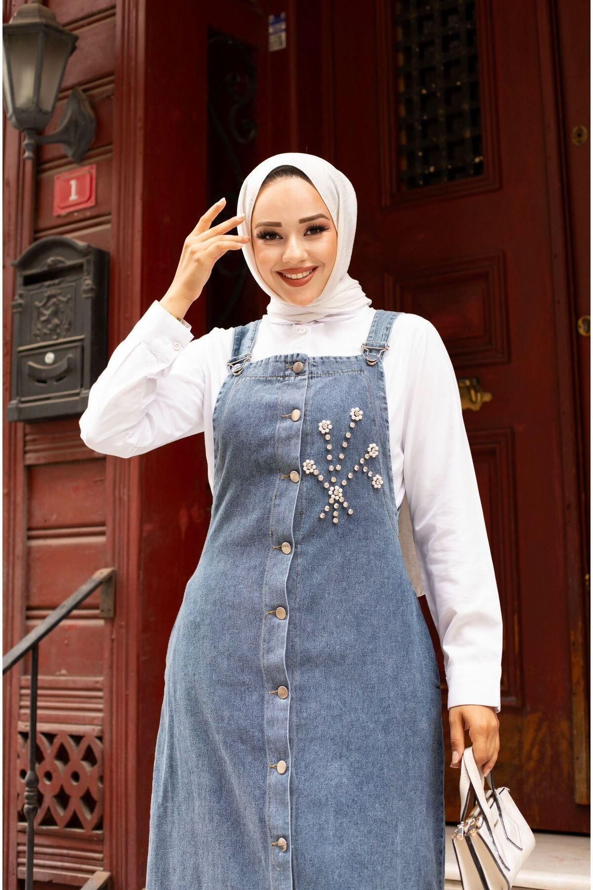 HARMAN BUTİK-Stone Detailed Women's Denim Salopeet 3