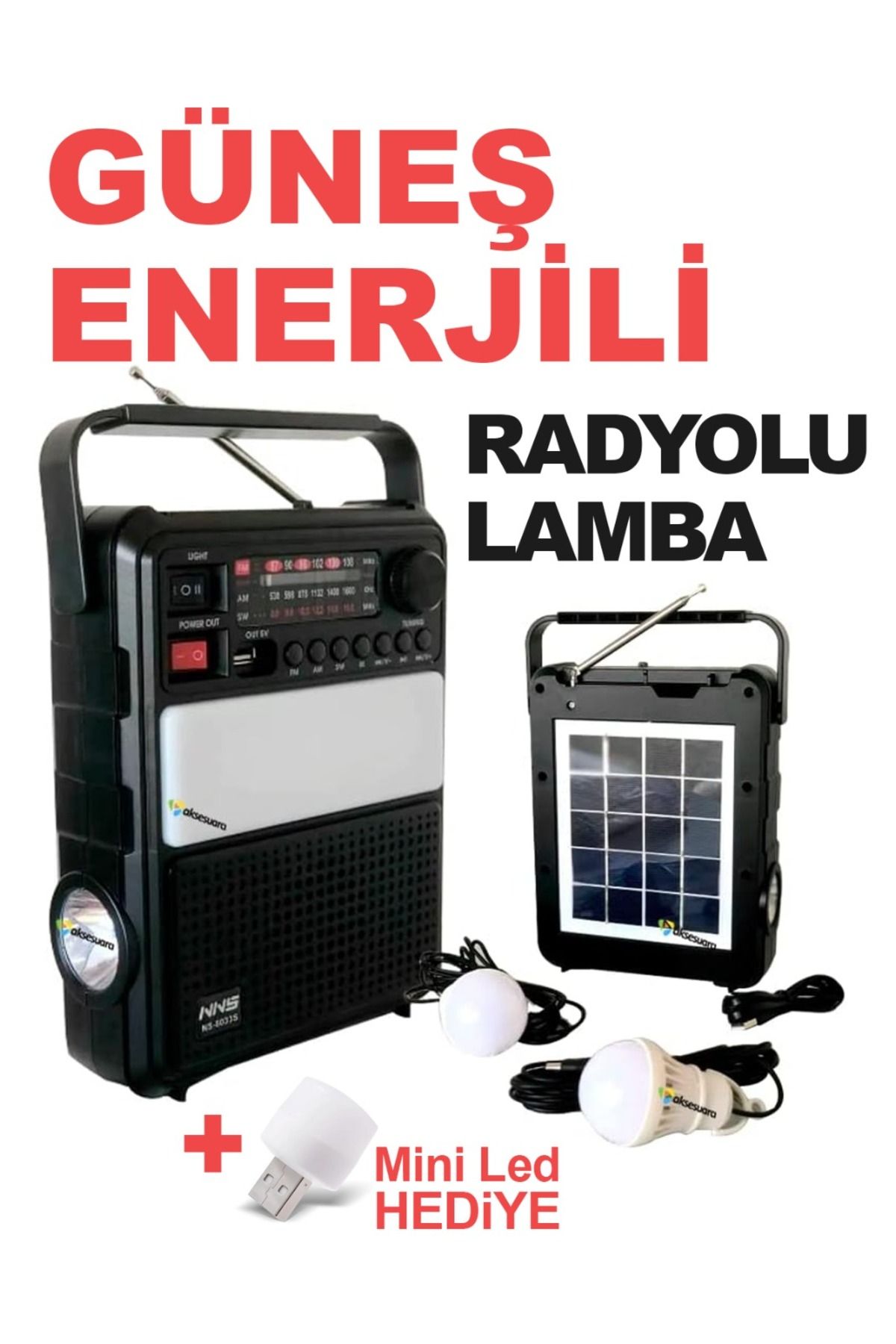 Aksesuarcı Solar Şarjlı Radyolu Kamp Işığı Güneş Enerjili Radyo Lamba Bluetooth Hoparlör + Mini Led Hediye
