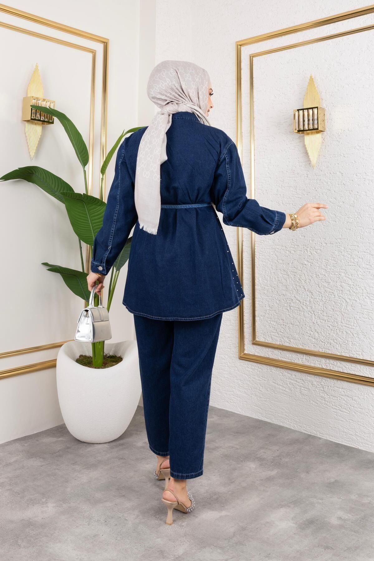 HARMAN BUTİK-Women's Pearl Stone Detail 2-Piece Denim Set 8