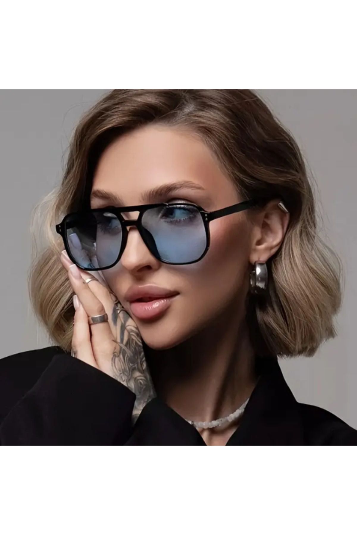 Sunglasses Unisex Retro Tam Çerçeve Mavi Siyah Güneş Gözlüğü