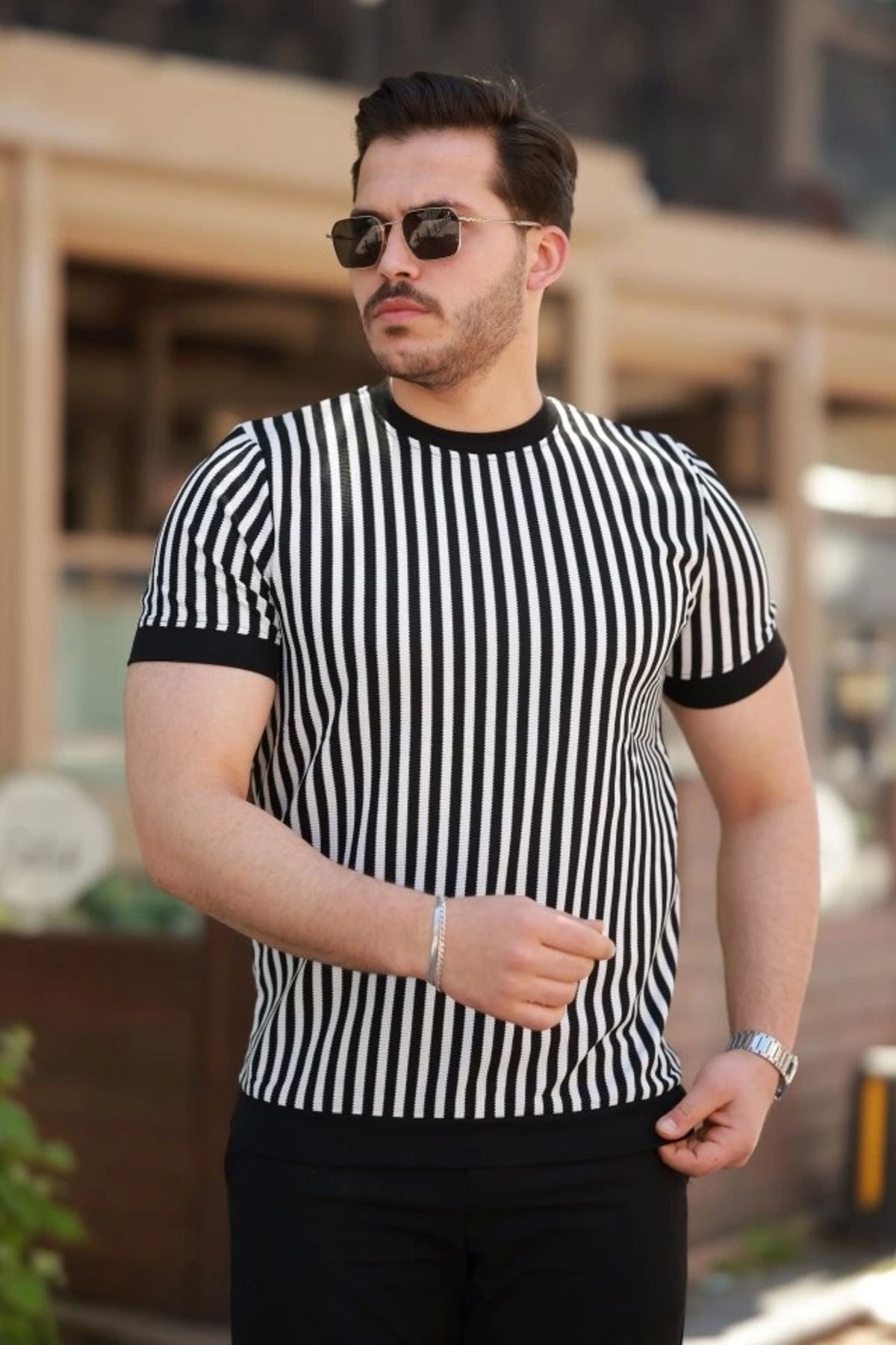 Kaplan Erkek Siyah Beyaz örme Pamuklu Kumaş Kısa Kollu T-shirt