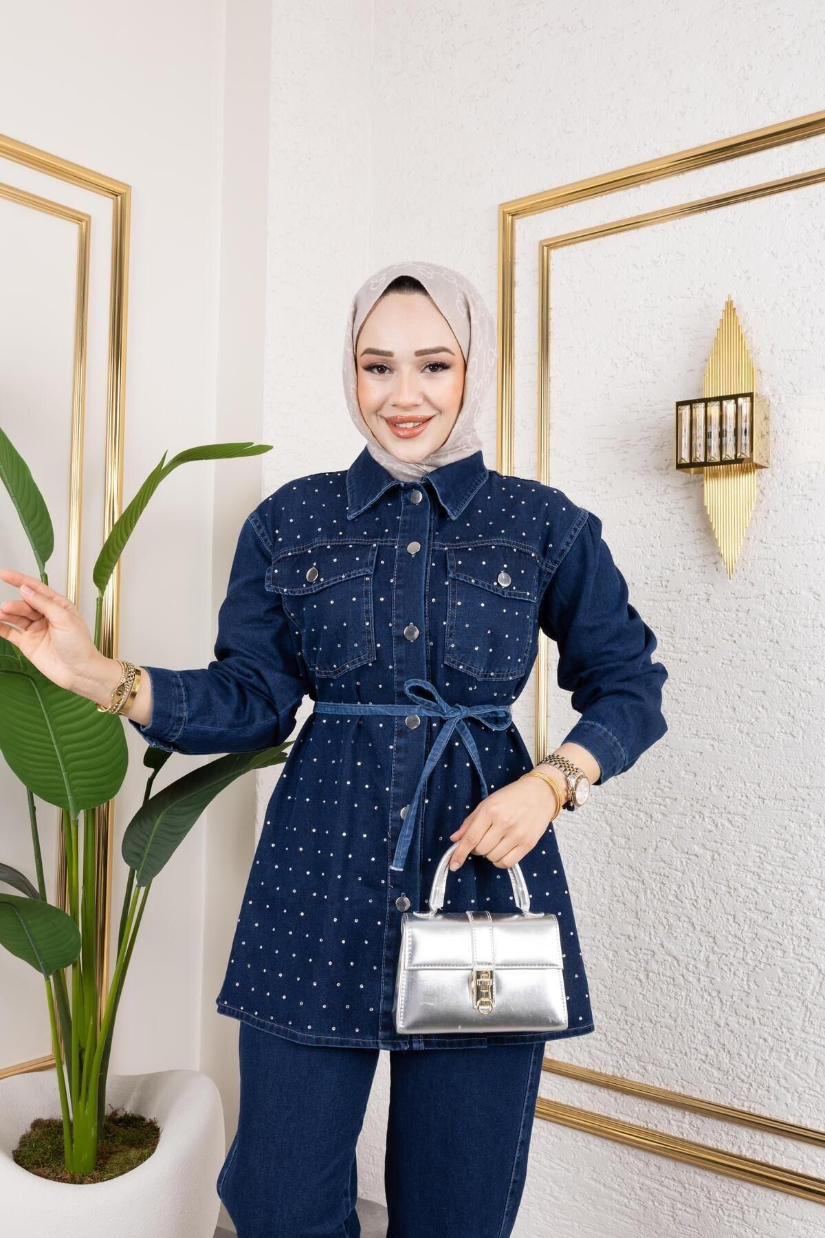 HARMAN BUTİK-Women's Pearl Stone Detail 2-Piece Denim Set 6
