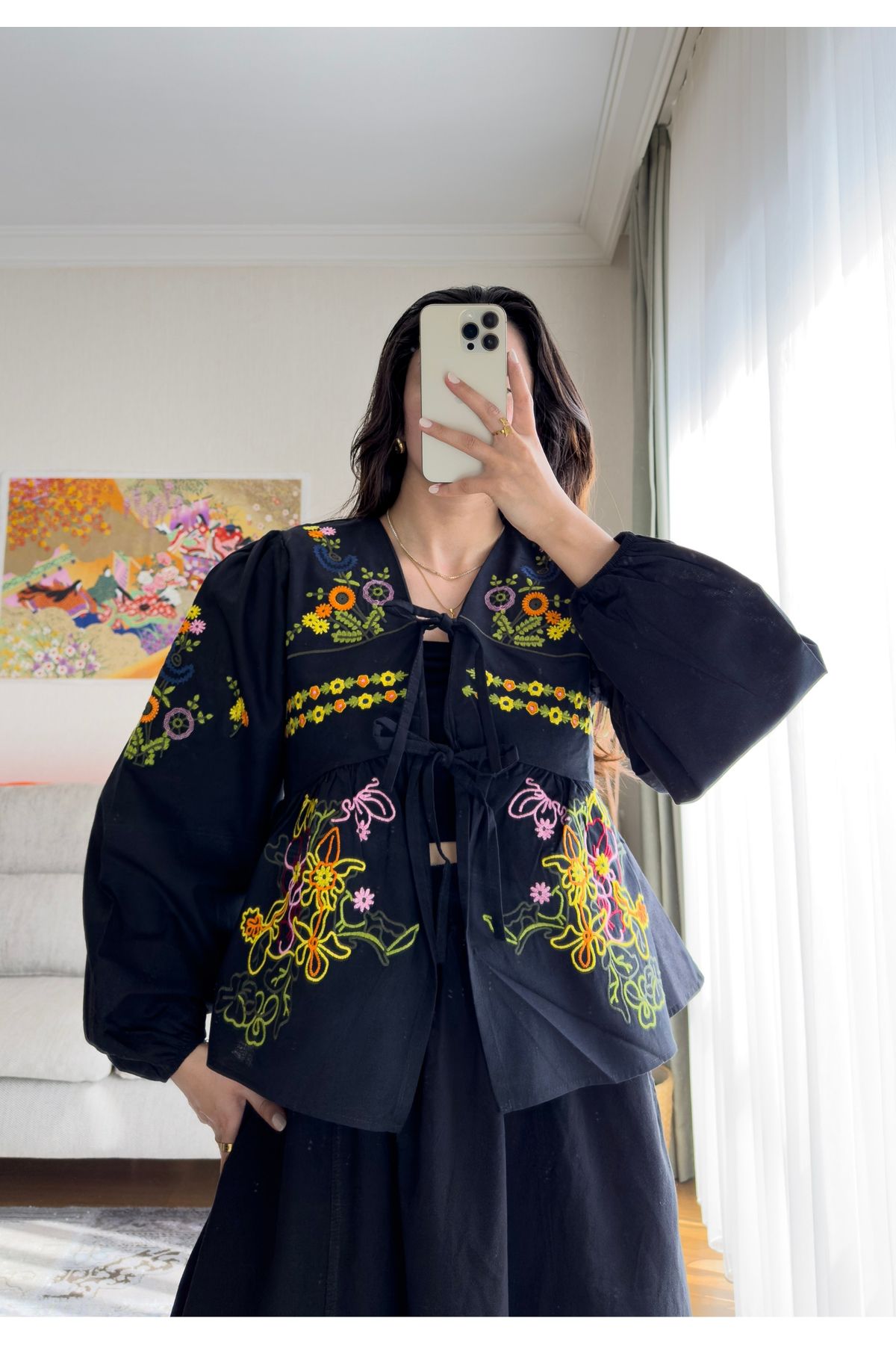 miyuko Kadın Çiçek Nakışlı Bağlamalı İnce Ceket