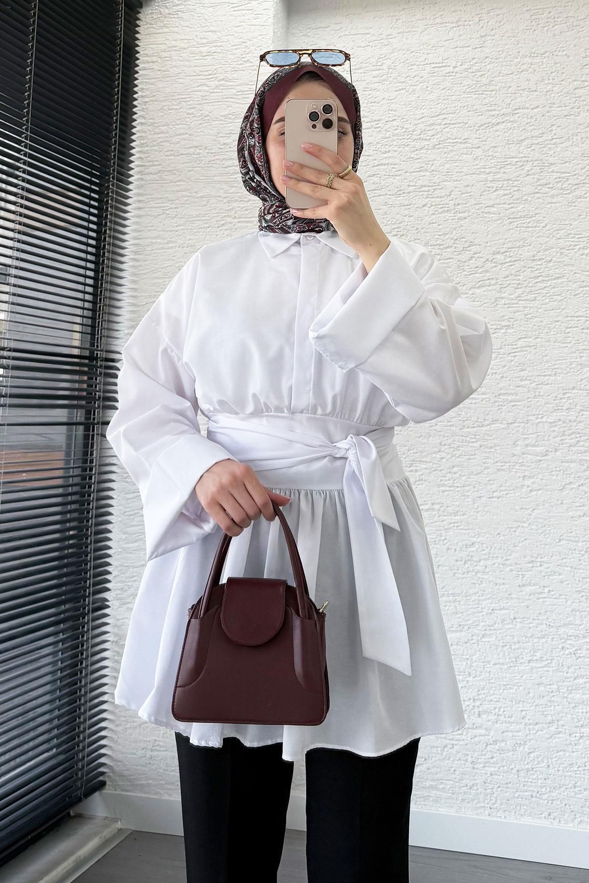 MELEK ARAZ Bel Kuşaklı Poplin Tunik-Beyaz