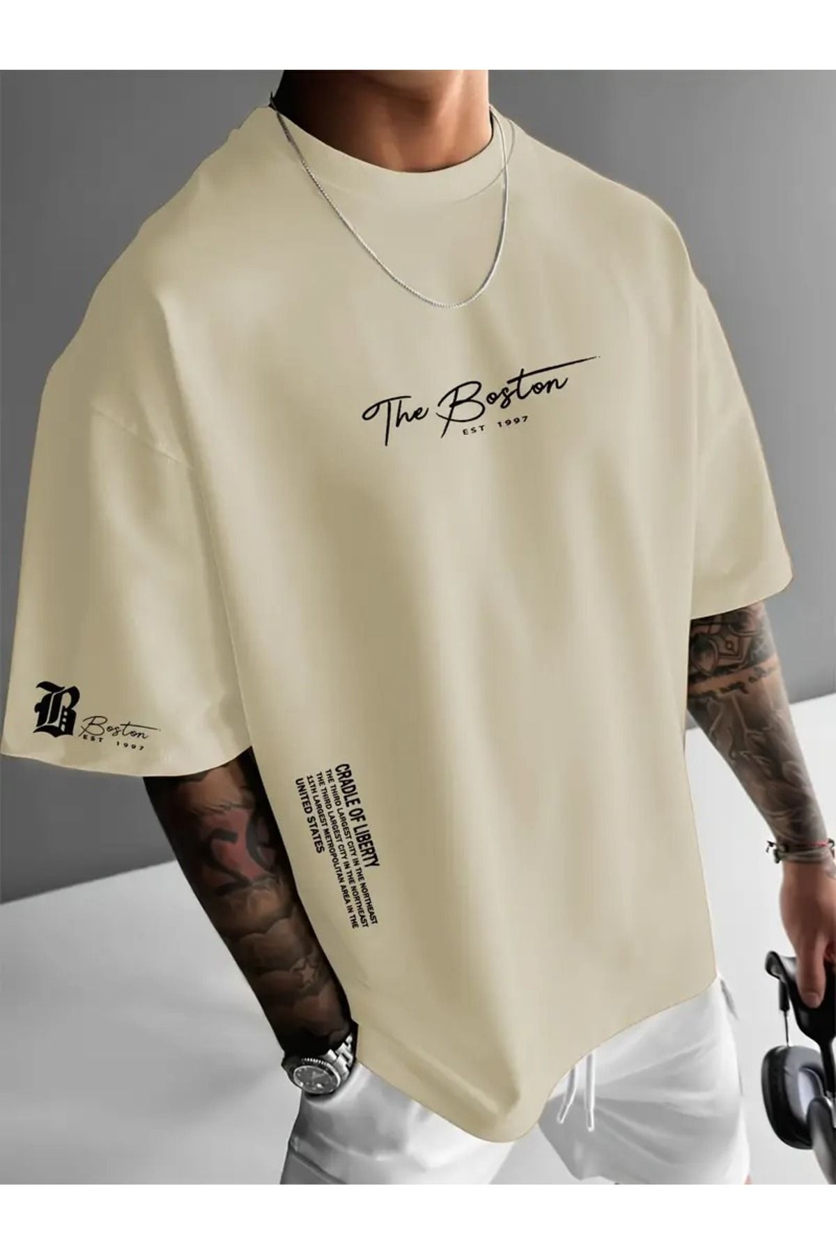 LAND MODA Erkekler için Boston Slogan T-Shirt - "The Boston" Baskısı, Rahat Bol Kesim