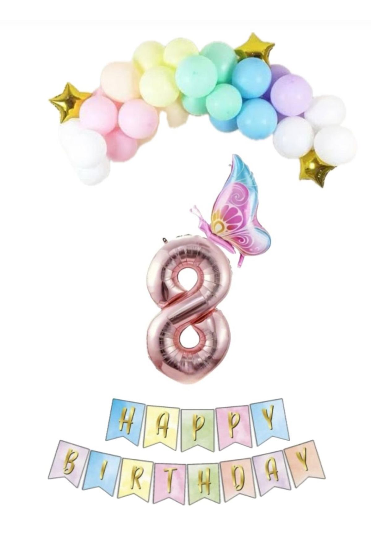 SİNDA Makaron Renklerde Doğum Günü Konsepti - Makoron Balon - Folyo Kelebek - Banner