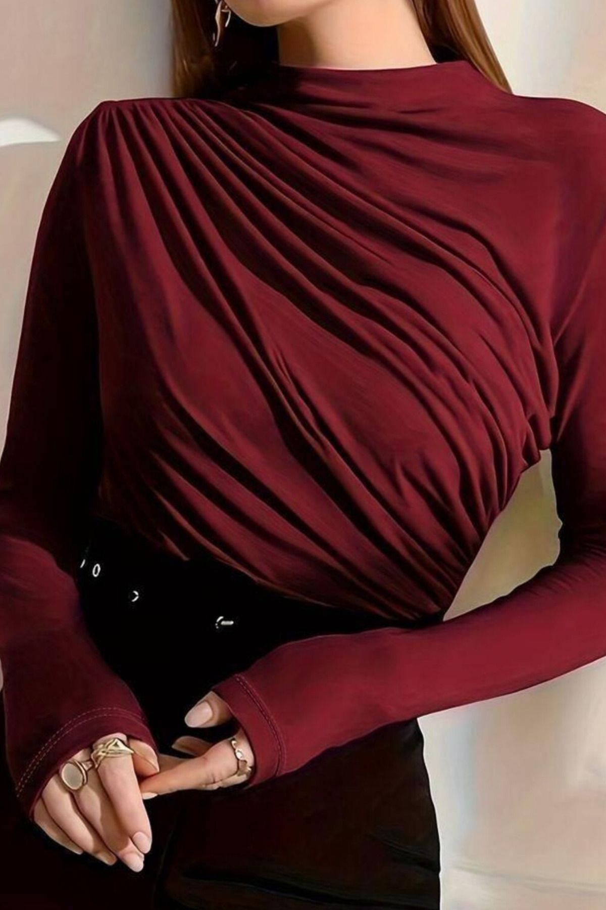 RESSHO Bordo Uzun Kollu Büzgülü Bluz