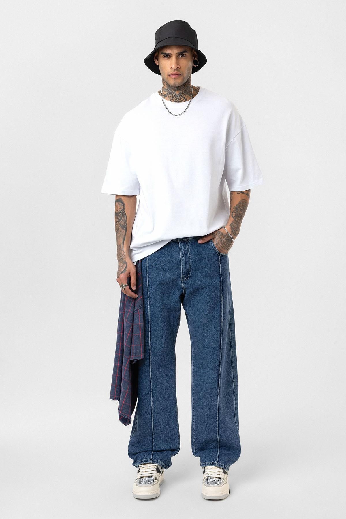 VAMOSCLO Dikiş Detaylı Relaxed Fit Jean Mavi