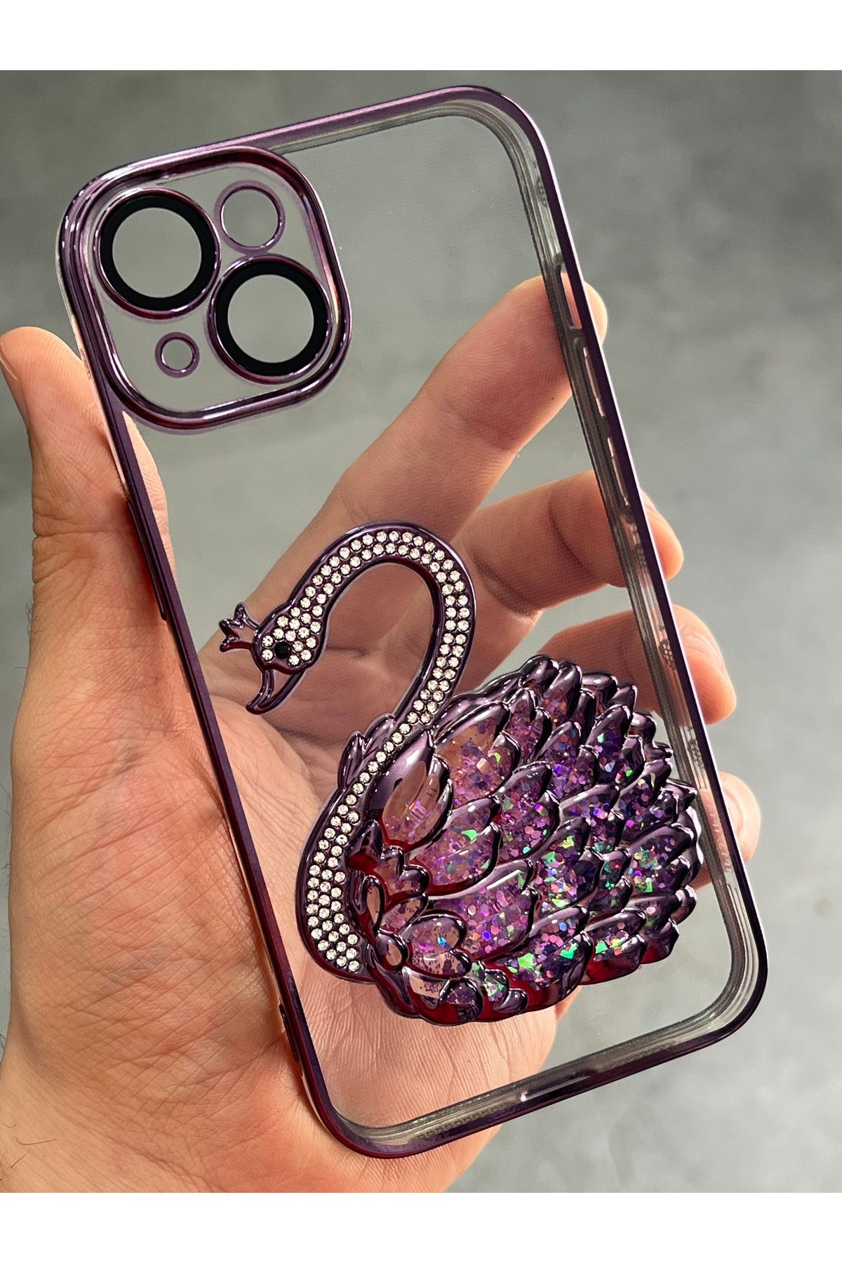 EDELFU iPhone 13 için Kuğu Desenli Taşlı Kapak Kamera Korumalı ve Silikon Dayanıklı Kılıf