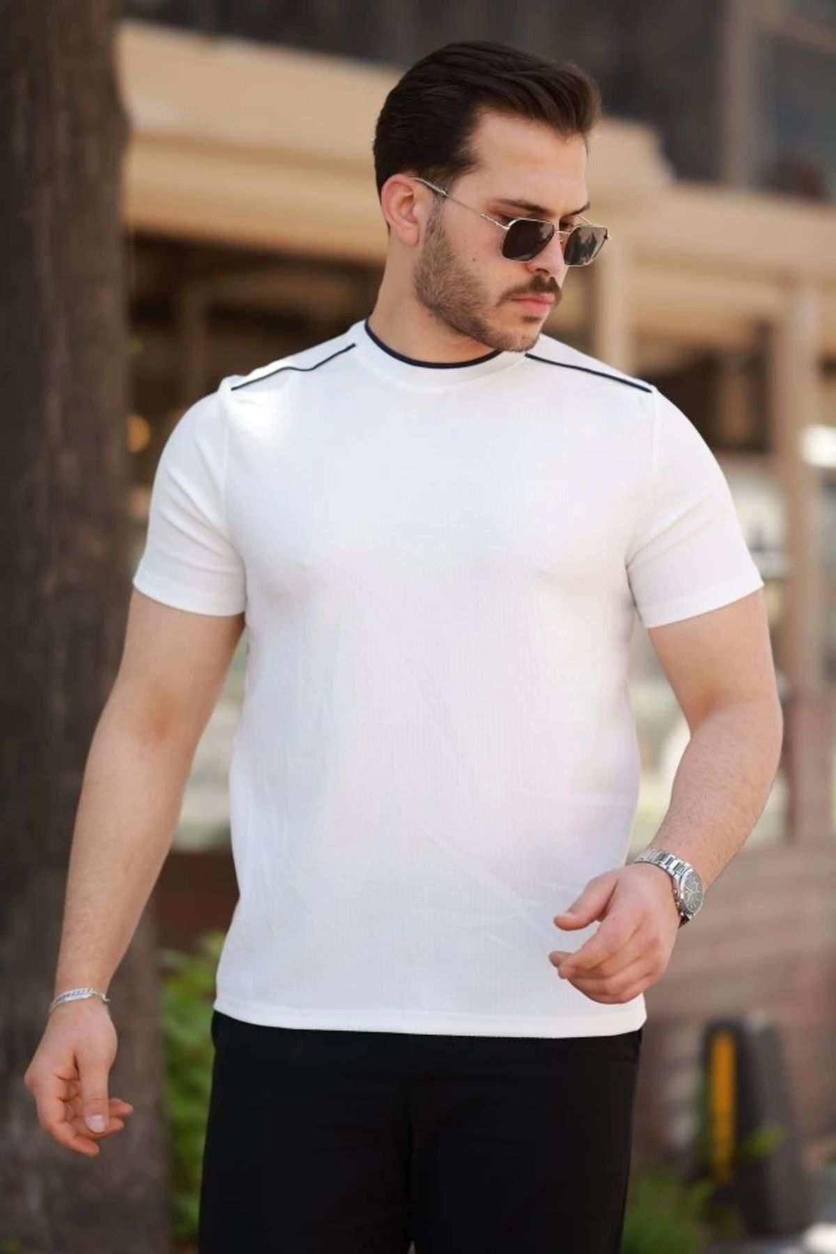 Kaplan Erkek Omuzlar çizgi Detaylı Kısa Kollu T-shirt