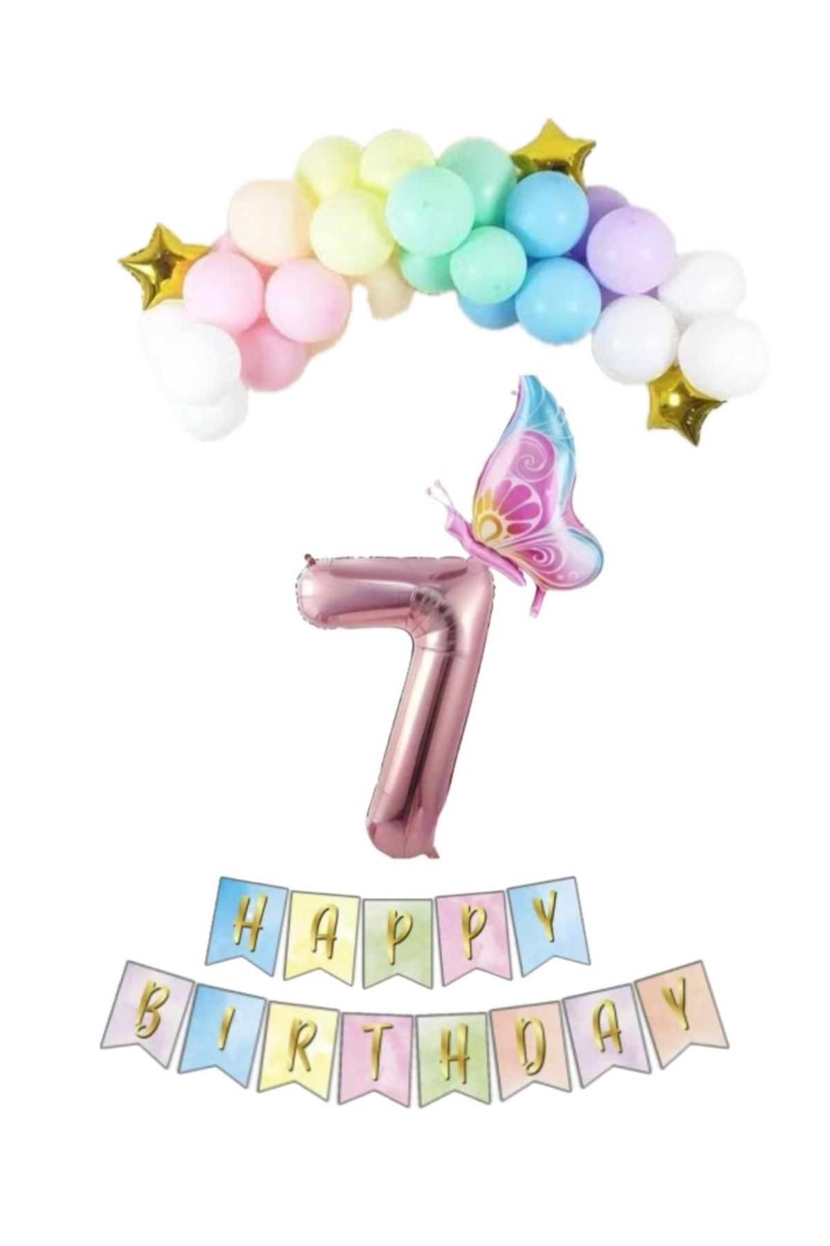 SİNDA Makaron Renklerde Doğum Günü Konsepti - Makoron Balon - Folyo Kelebek - Banner