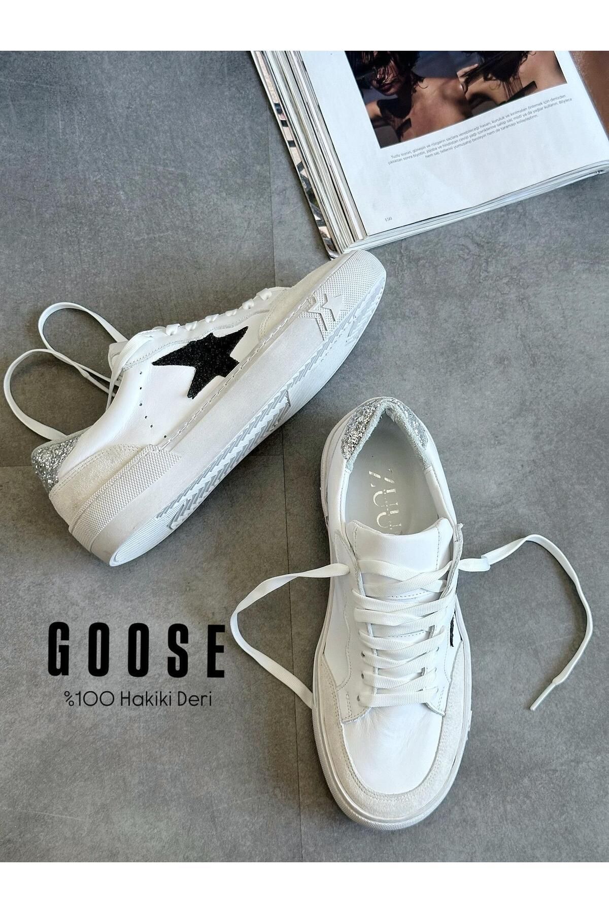 Zuum Goose % 100 Hakiki Deri Kadın Sneaker - Beyaz Deri & Siyah