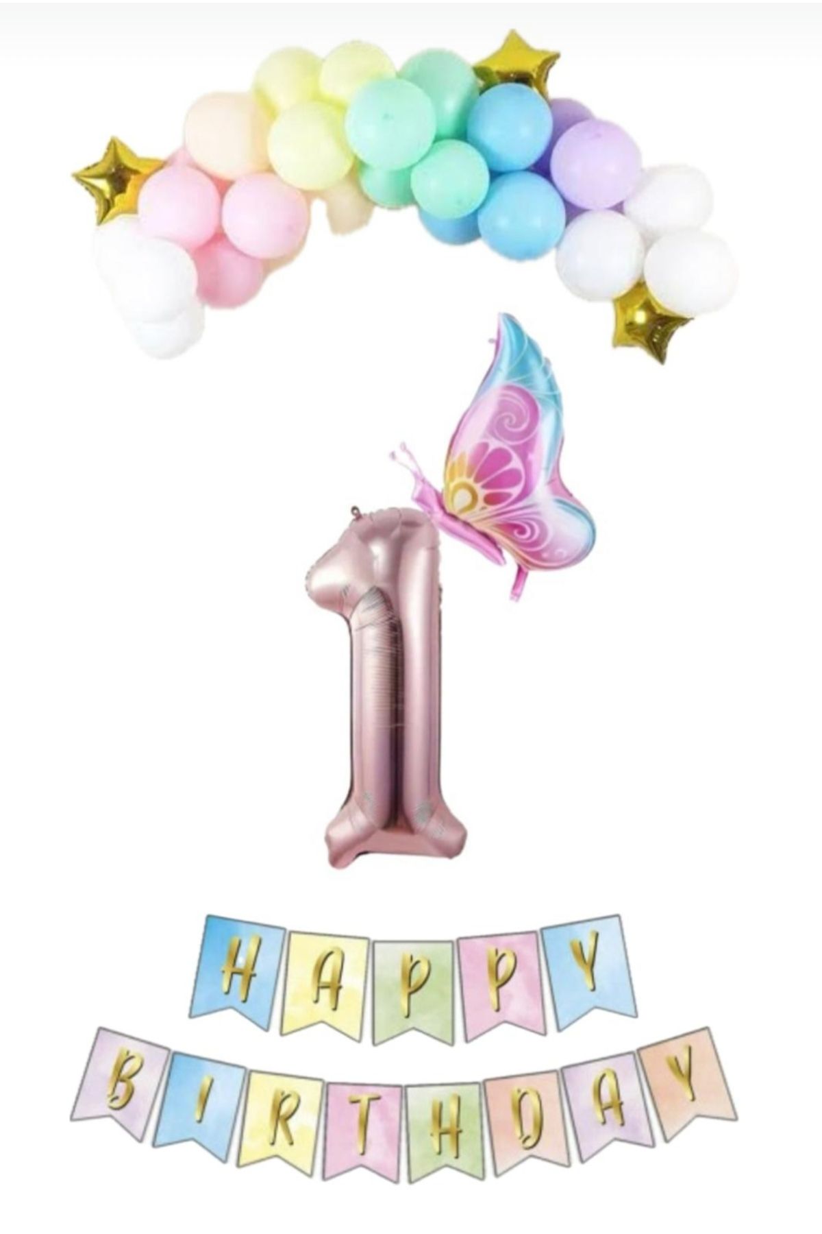 SİNDA Makaron Renklerde Doğum Günü Konsepti - Makoron Balon - Folyo Kelebek - Banner