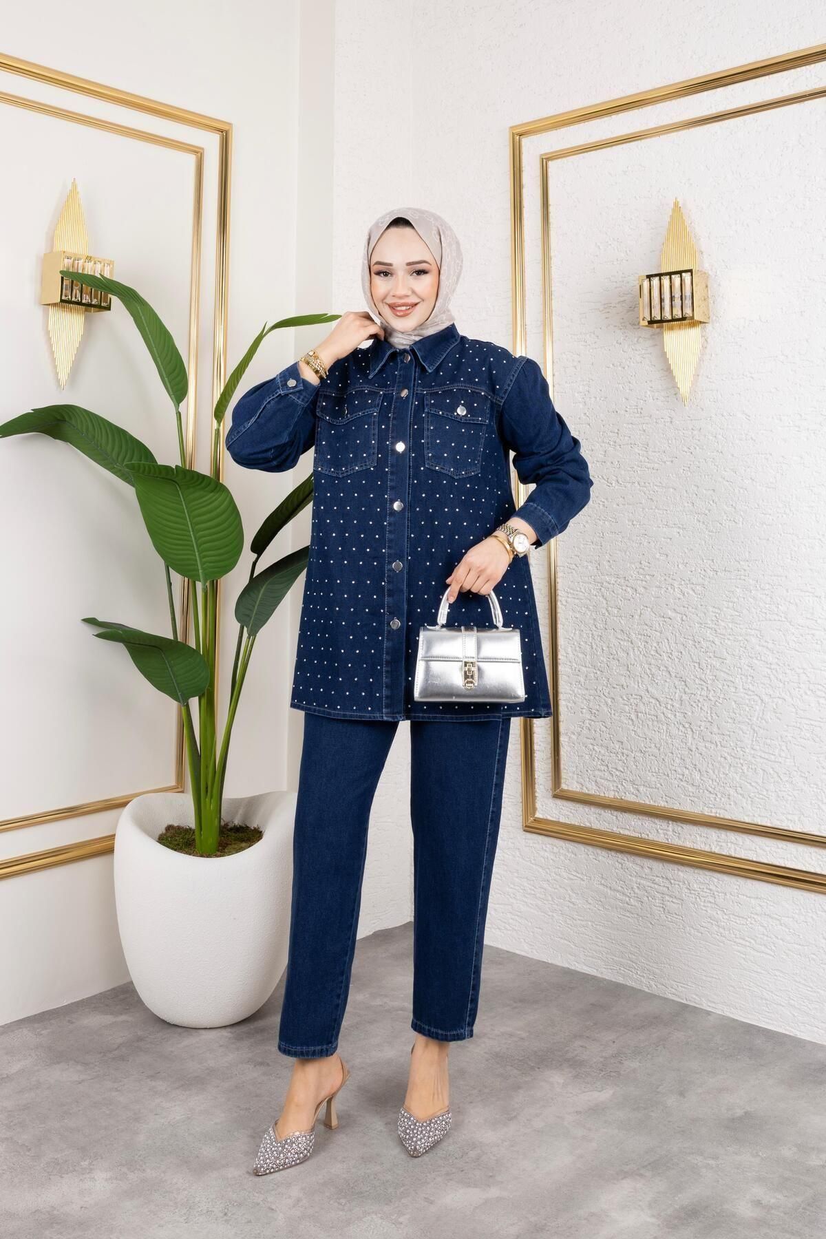 HARMAN BUTİK-Women's Pearl Stone Detail 2-Piece Denim Set 5