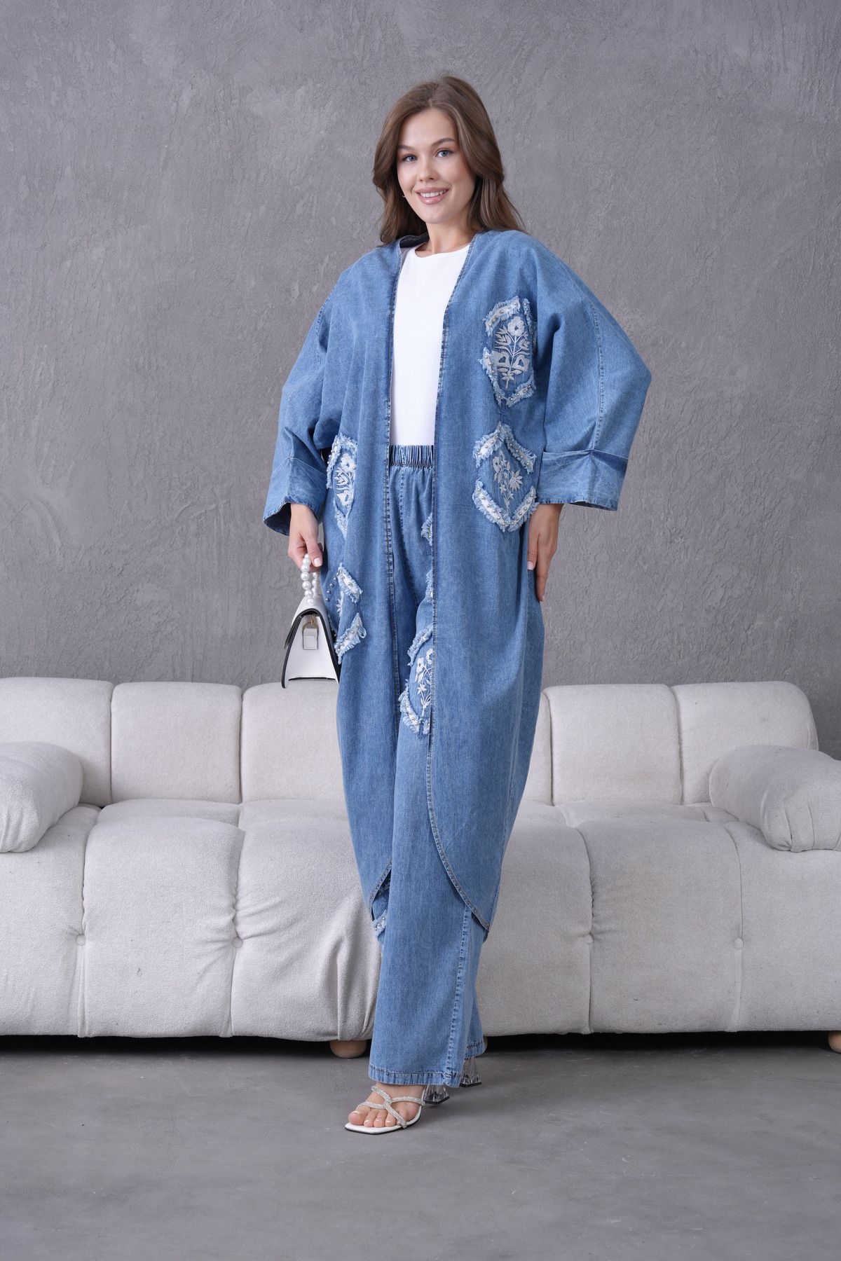 Miss Allos Kadın Hırka Ve Pantolonu Nakışlı Taş Detaylı Kot Kimono Hırka Ve Kot Pantolon Alt Üst Takım