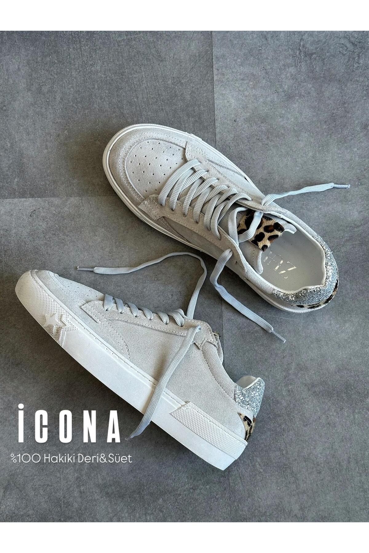 Zuum Icona % 100 Hakiki Süet Kadın Sneaker - Gri & Leopar