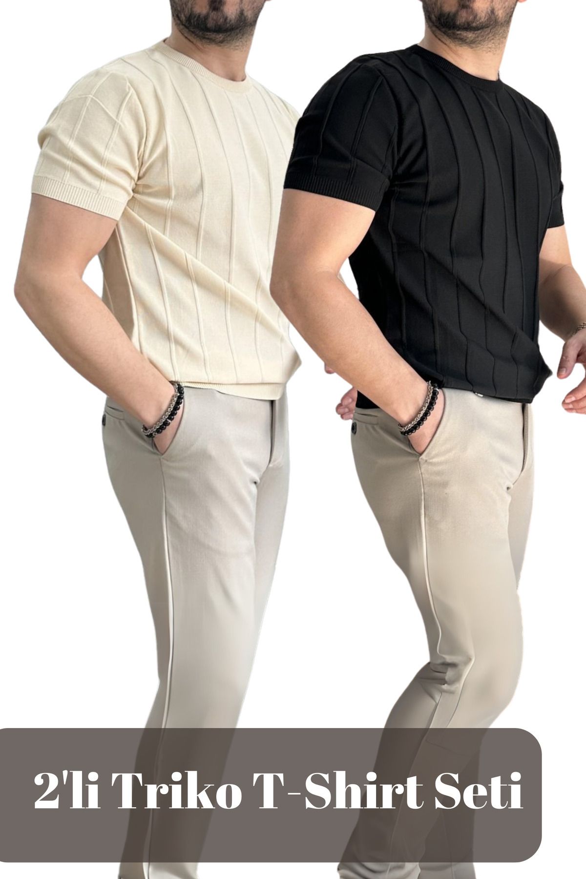GAYIŞ 2'Li Siyah, Bej Erkek Bisiklet Yaka Örme Triko T-shirt, Erkek Fitilli Tişört