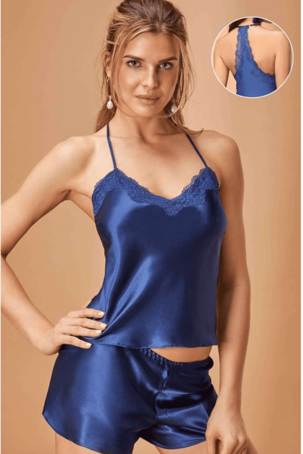Mavelle Kadın Saten İp Askılı Şortlu Takım Dantel Detaylı Pijama Takımı 5530