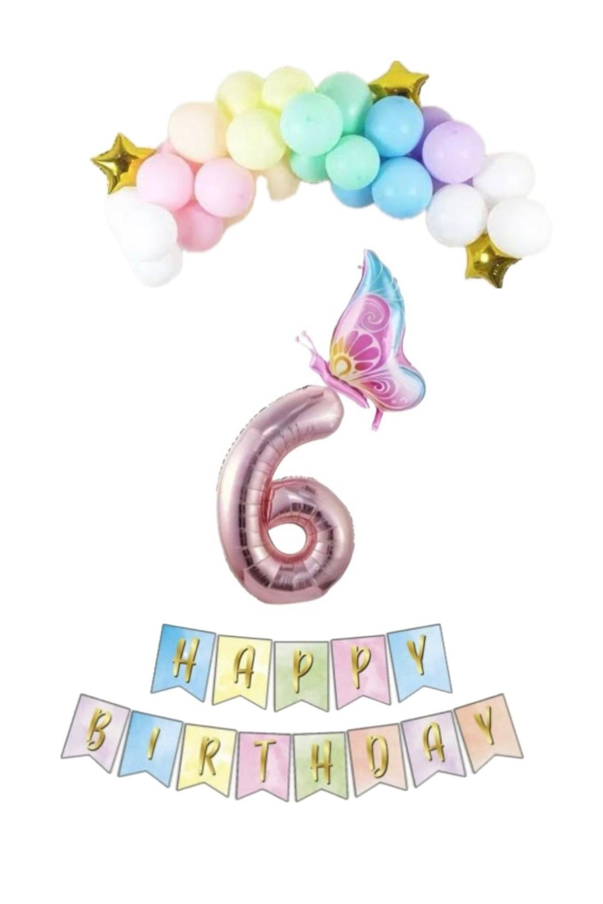 SİNDA Makaron Renklerde Doğum Günü Konsepti - Makoron Balon - Folyo Kelebek - Banner