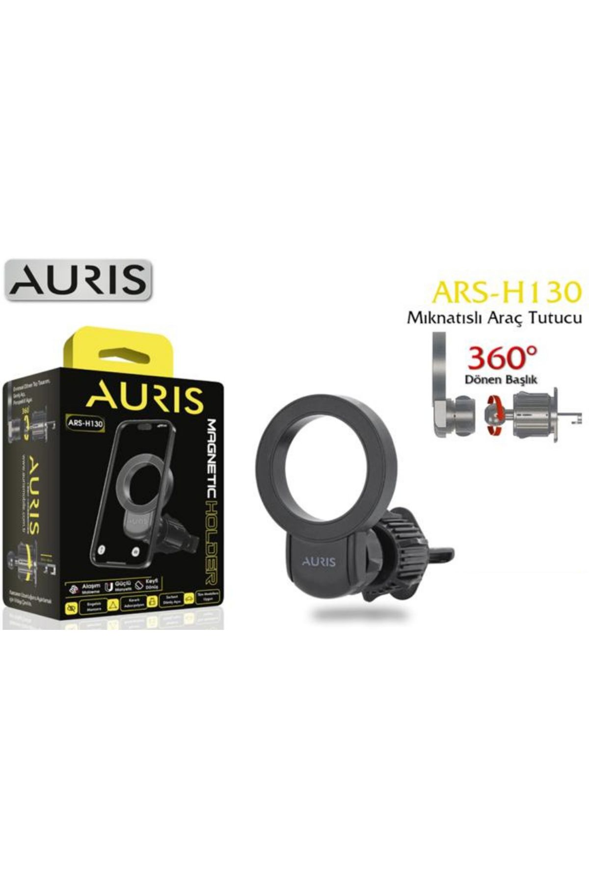 Auris HAVALANDIRMAYA SABİTLENEN 360° DÖNEN BAŞLIKLI ARAÇ İÇİ TELEFON TUTUCU