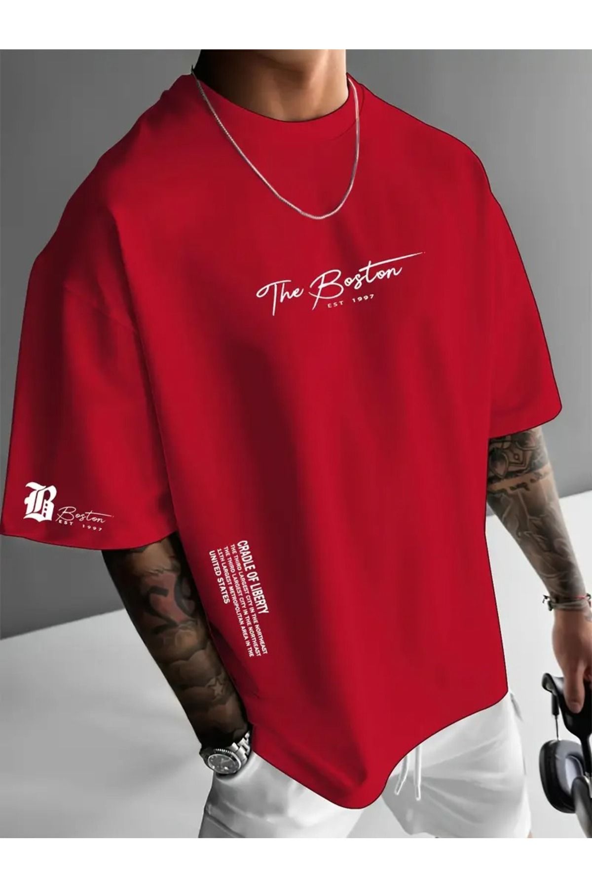 LAND MODA Erkekler için Boston Slogan T-Shirt - "The Boston" Baskısı, Rahat Bol Kesim