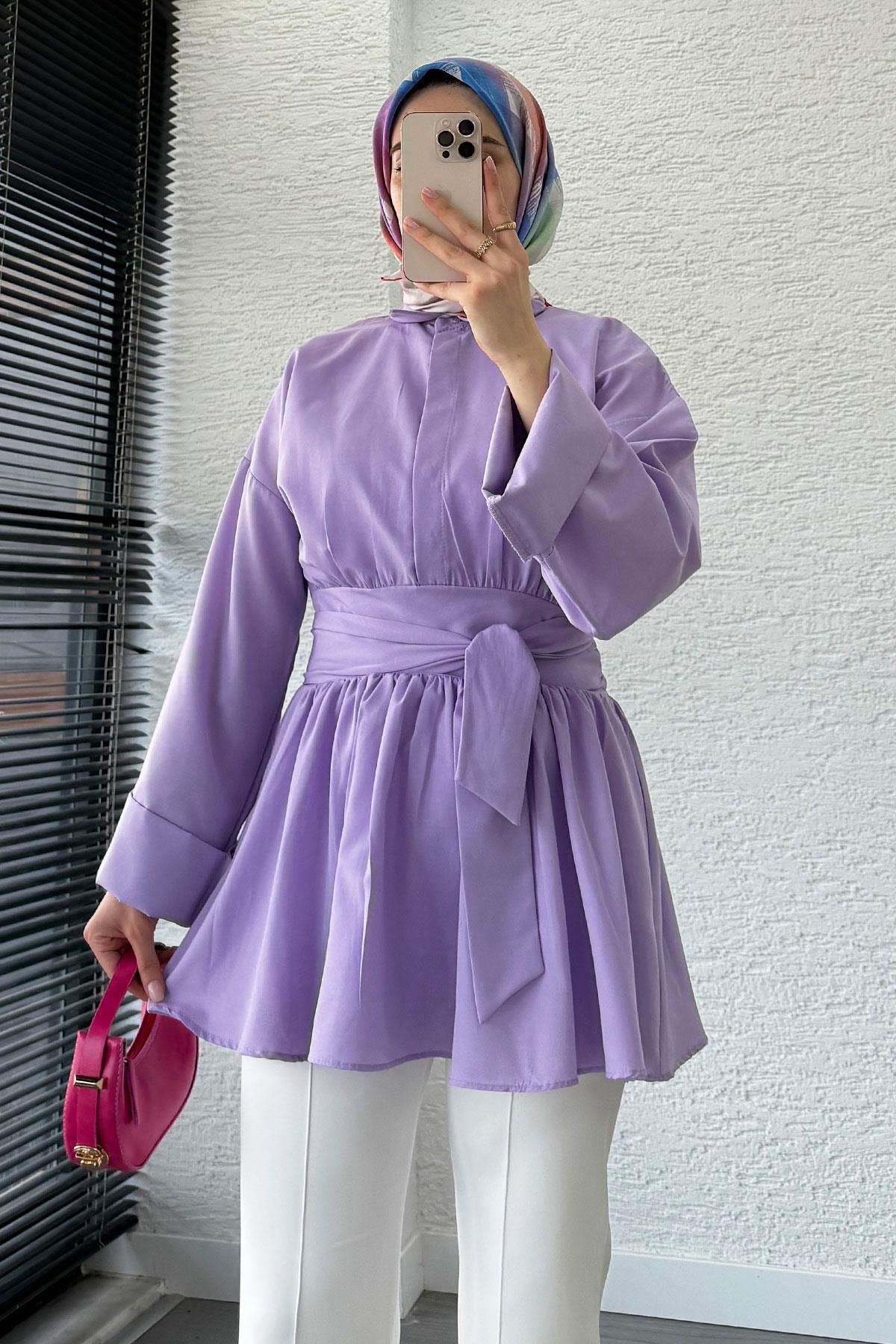 MELEK ARAZ Bel Kuşaklı Poplin Tunik-Lila