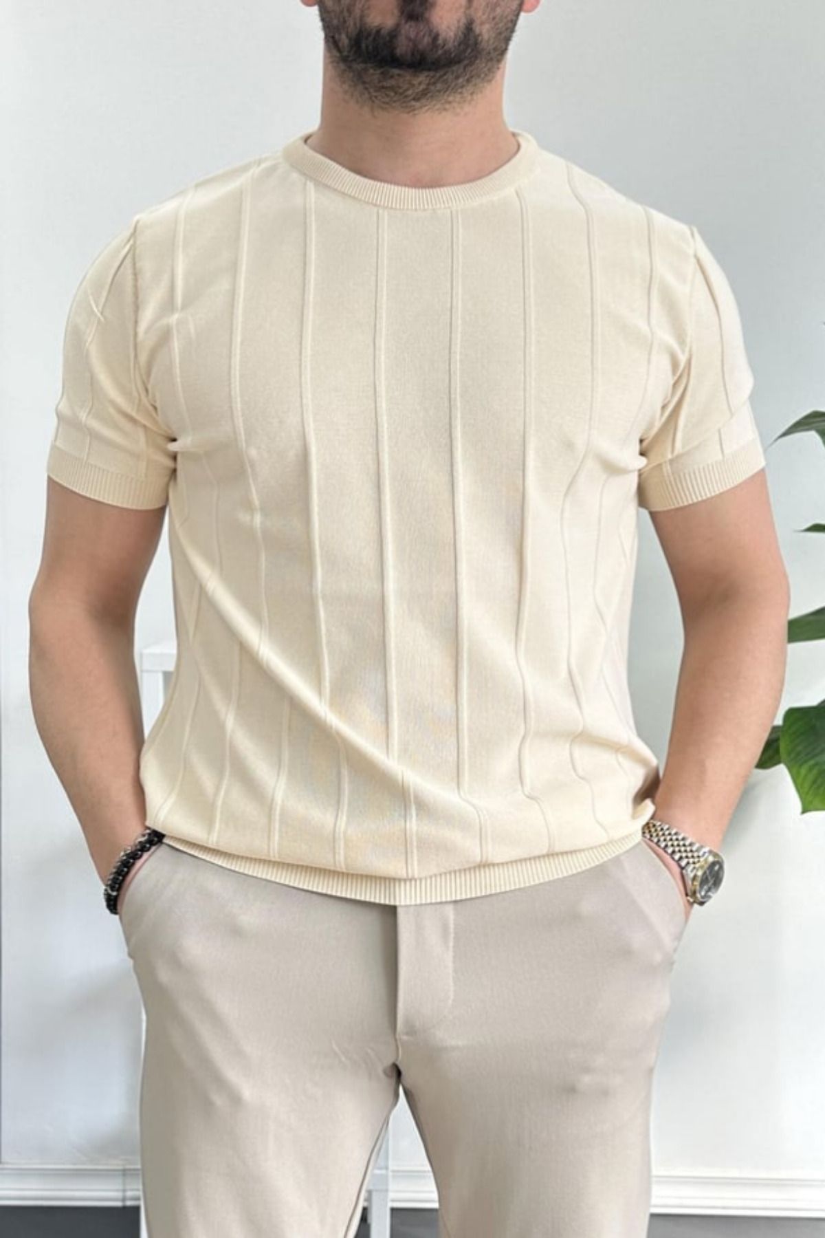 GAYIŞ Bej Erkek Bisiklet Yaka Örme Triko T-shirt, Erkek Fitilli Tişört