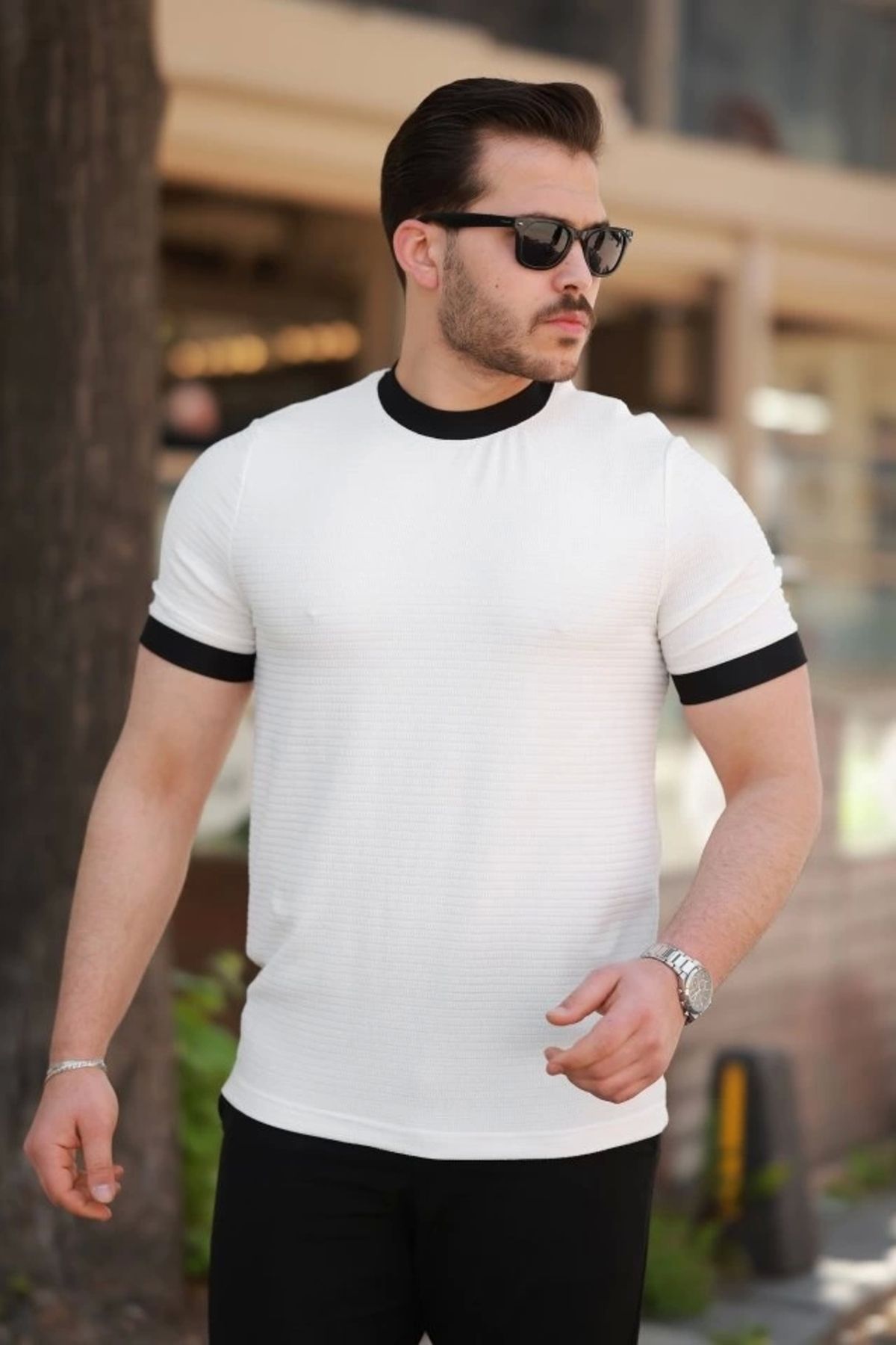 Kaplan Erkek Bisiklet Yaka örme Pamuklu Kumaş Kısa Kollu T-shirt