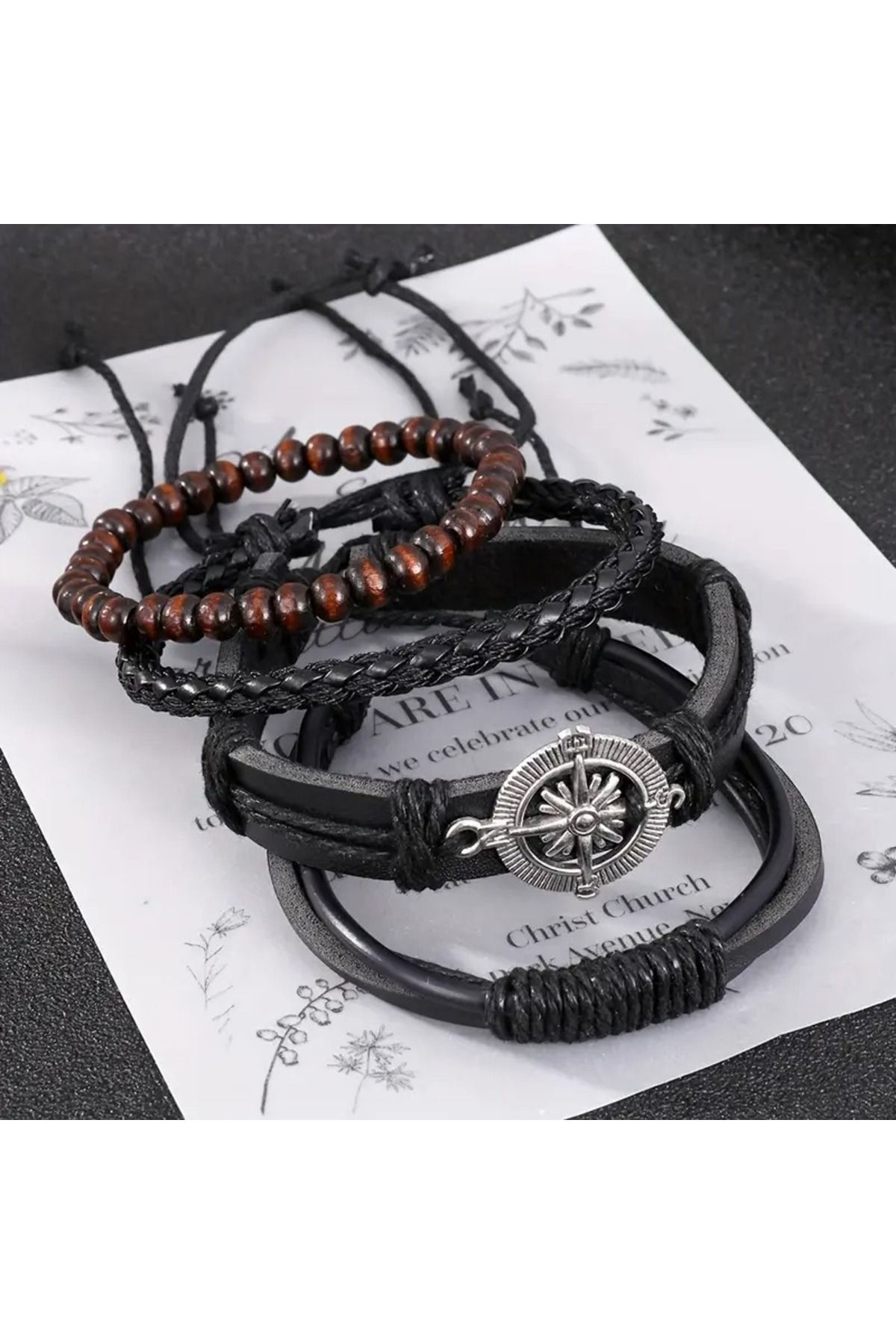 Feron accessories 4 Lü Set Erkek Deri ve Boncuk Detaylı Çoklu Bileklik Seti - Siyah E-409