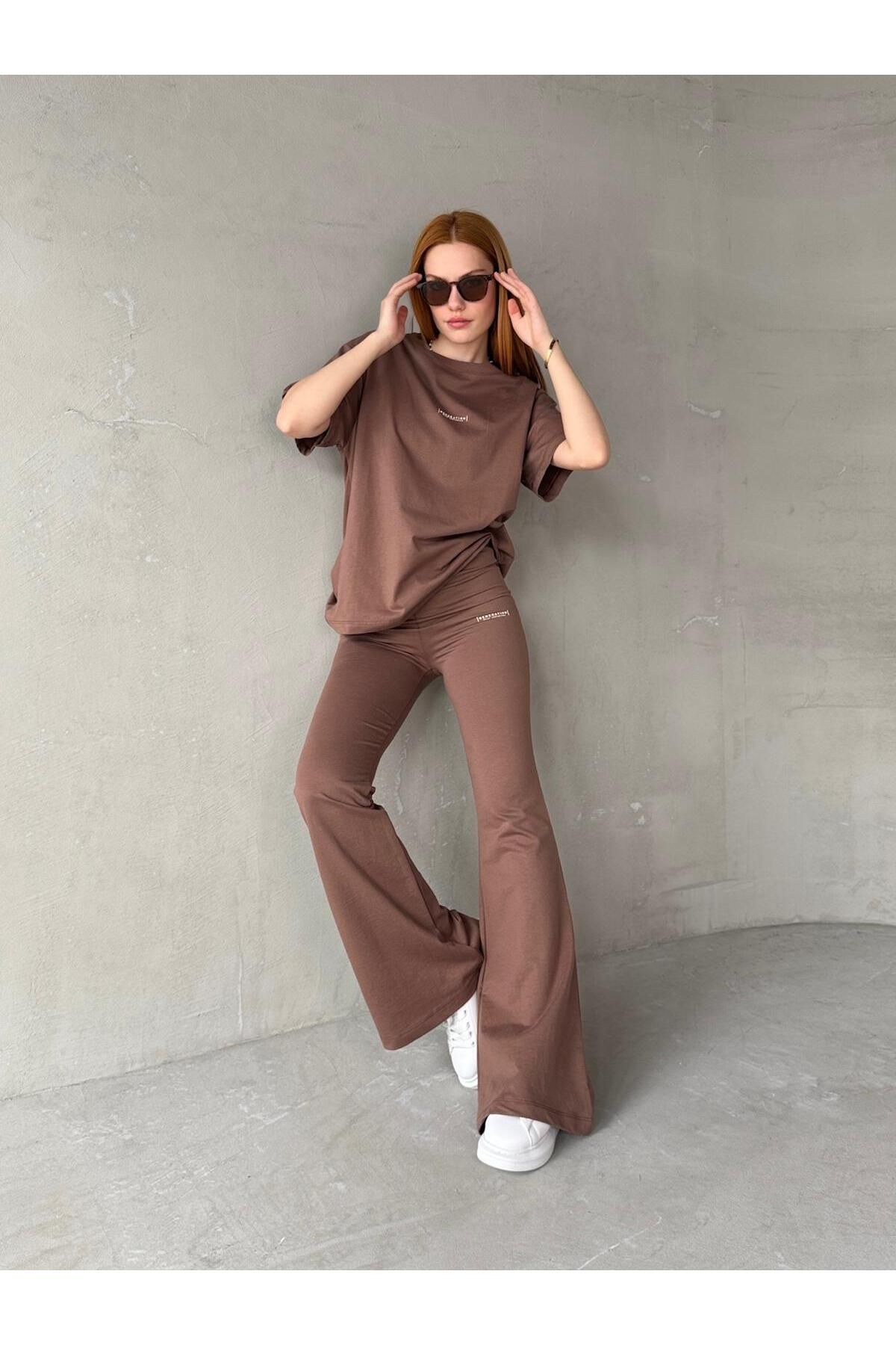 Cappmoda TKM-0050 Kahverengi Generatıon Yazı Enjeksiyon Baskılı Bisiklet Yaka Tişört Bel Lastikli İspanyol Pa