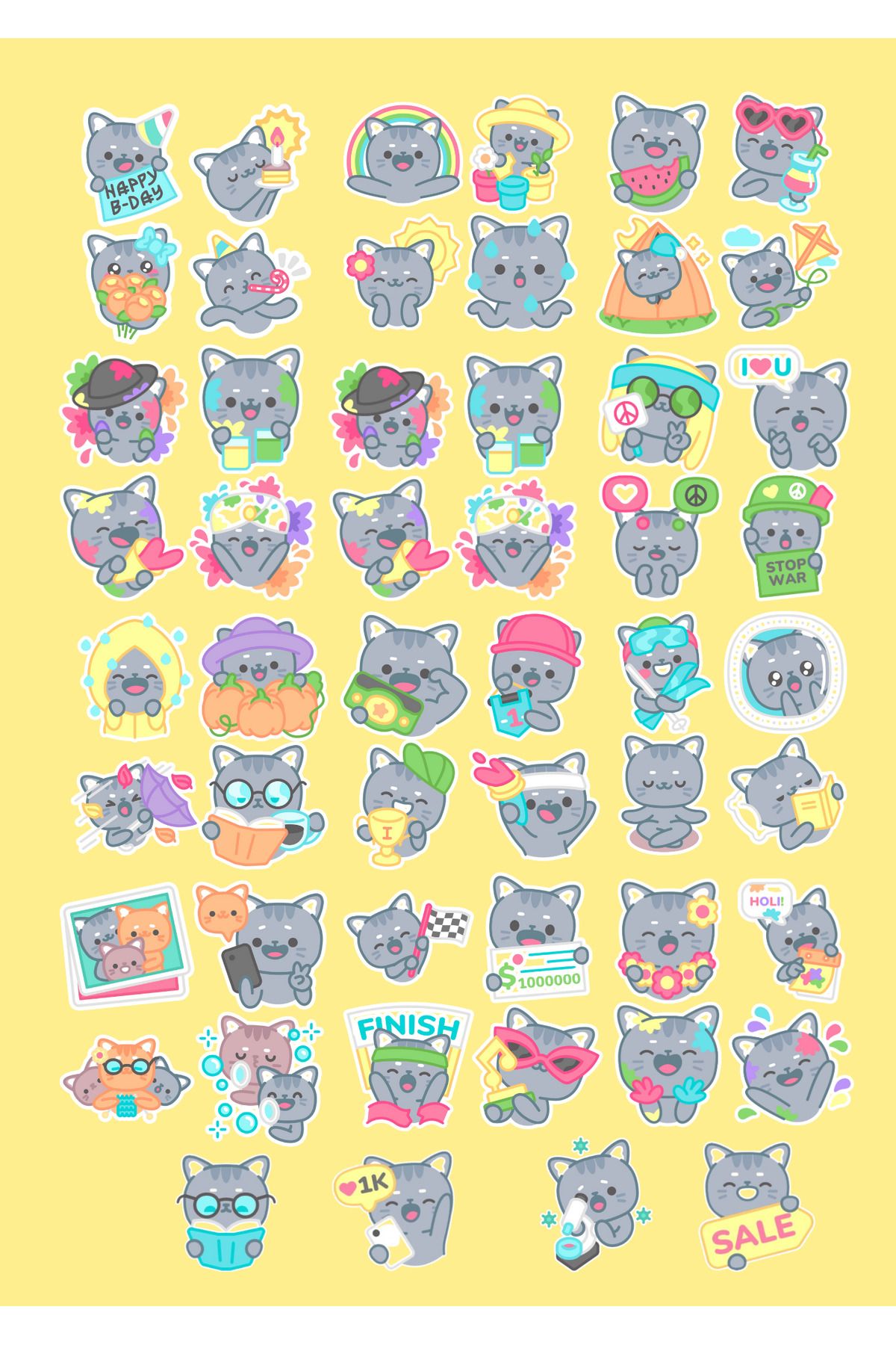 Studio D arte DIY KIT Sevimli Gri Kedi Sticker Set Telefon-Tablet-Fotoğraf Makinesi- Laptop- Ajanda