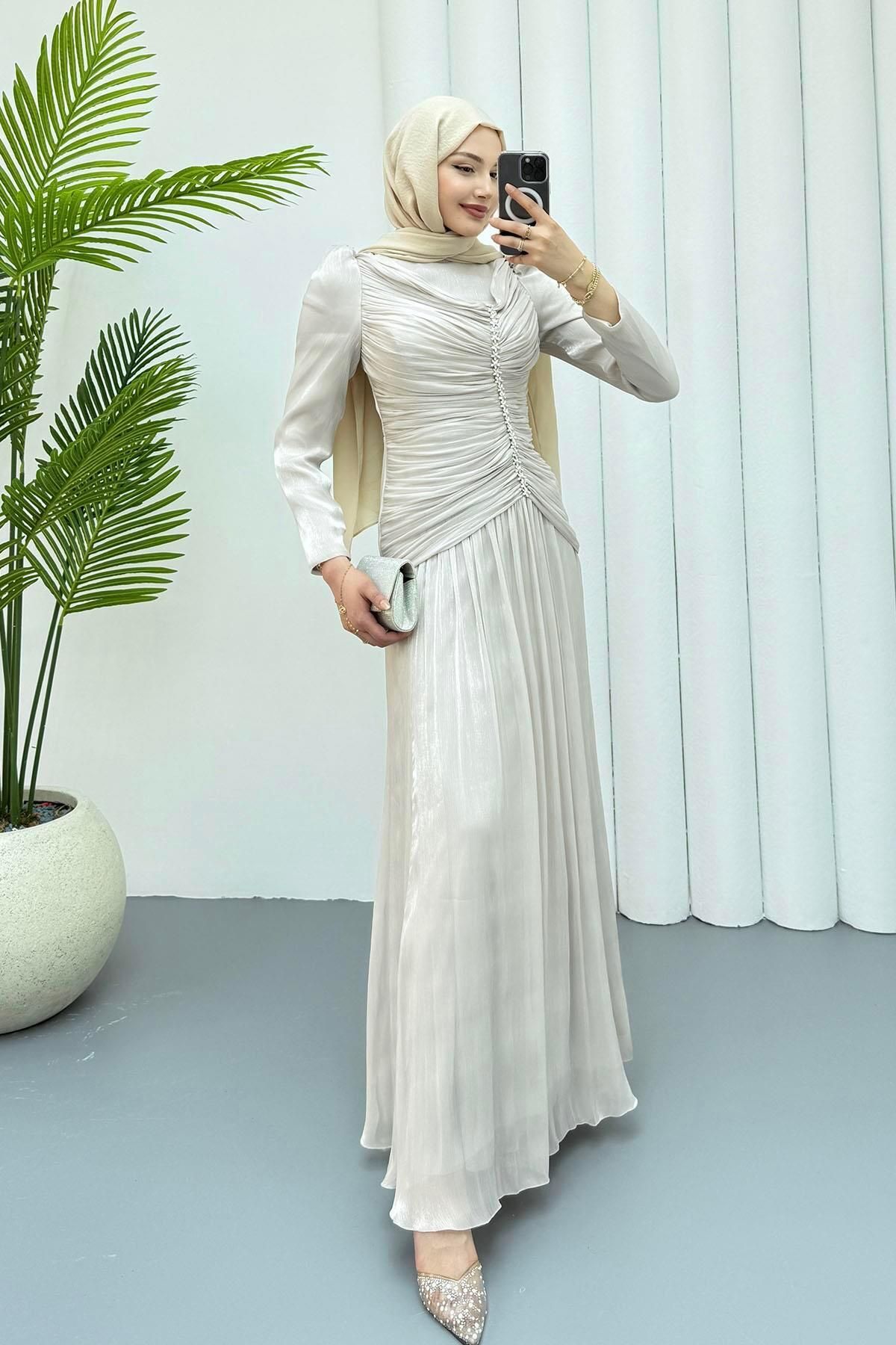 Modaensarbutik Taş İşlemeli Drapeli Tesettür Abiye-TAŞ