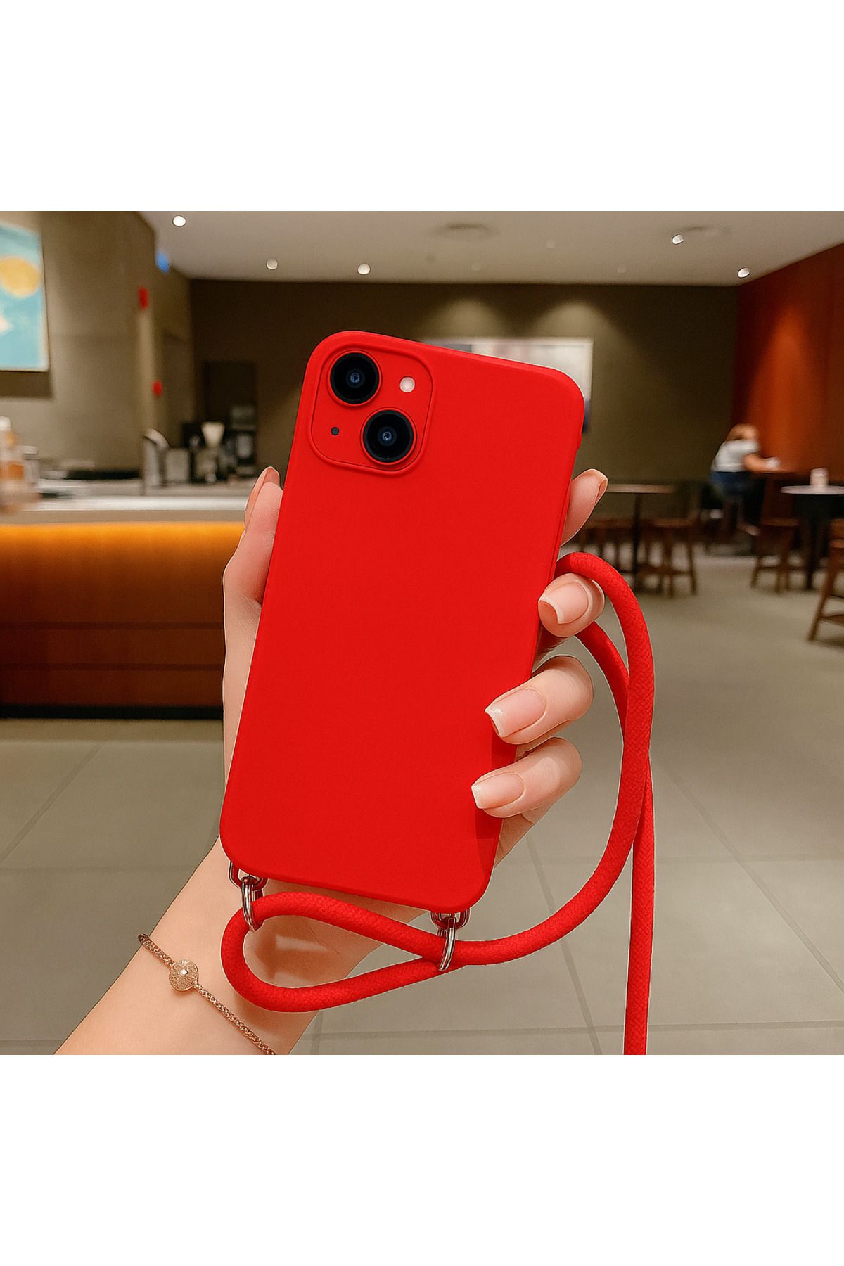 Coverzone iPhone 13 ile uyumlu İpli Boyun Askılı Silikon Kılıf Kadife iç Yüzeyli Epiphany Kılıf Kırmızı