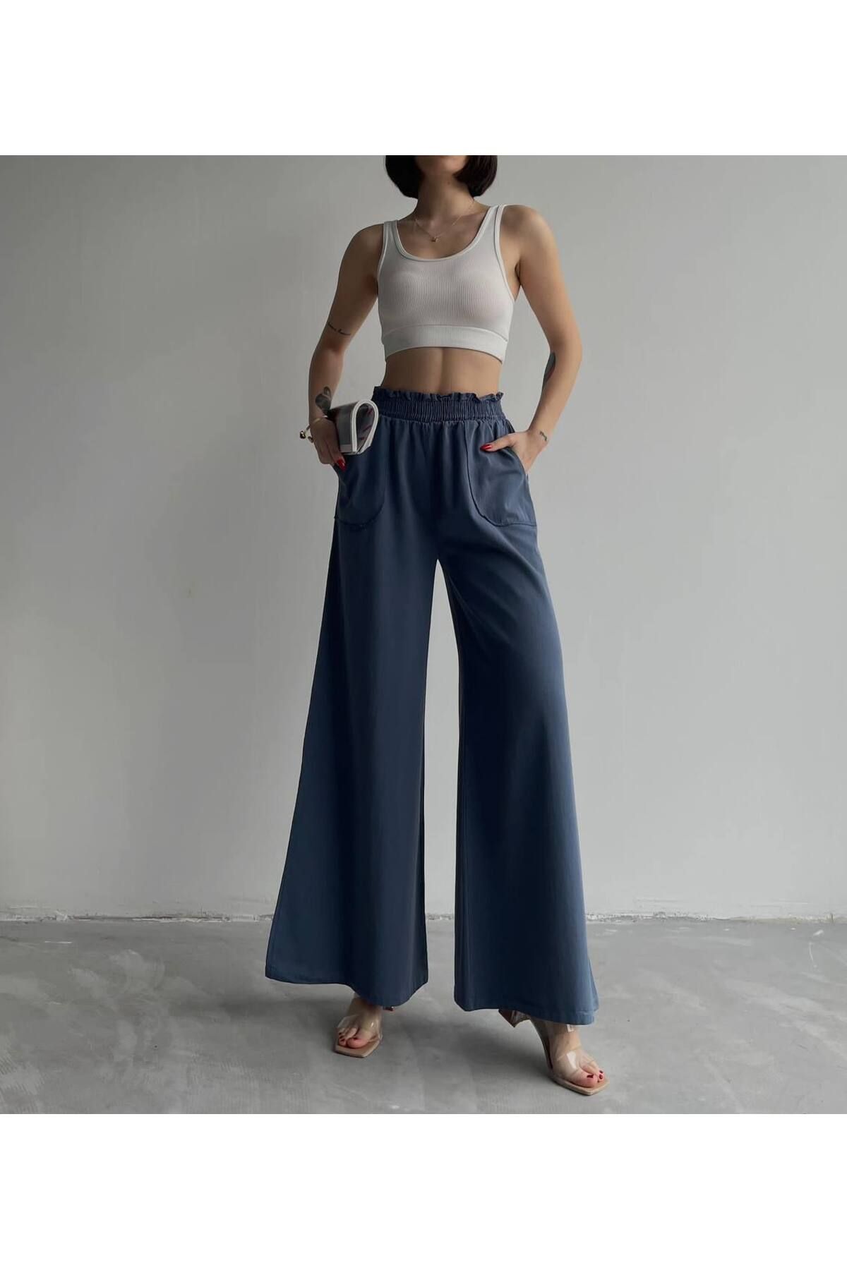 DENİKK Beli lastikli keten karışımı geniş paça kadın pantolon 232-4082