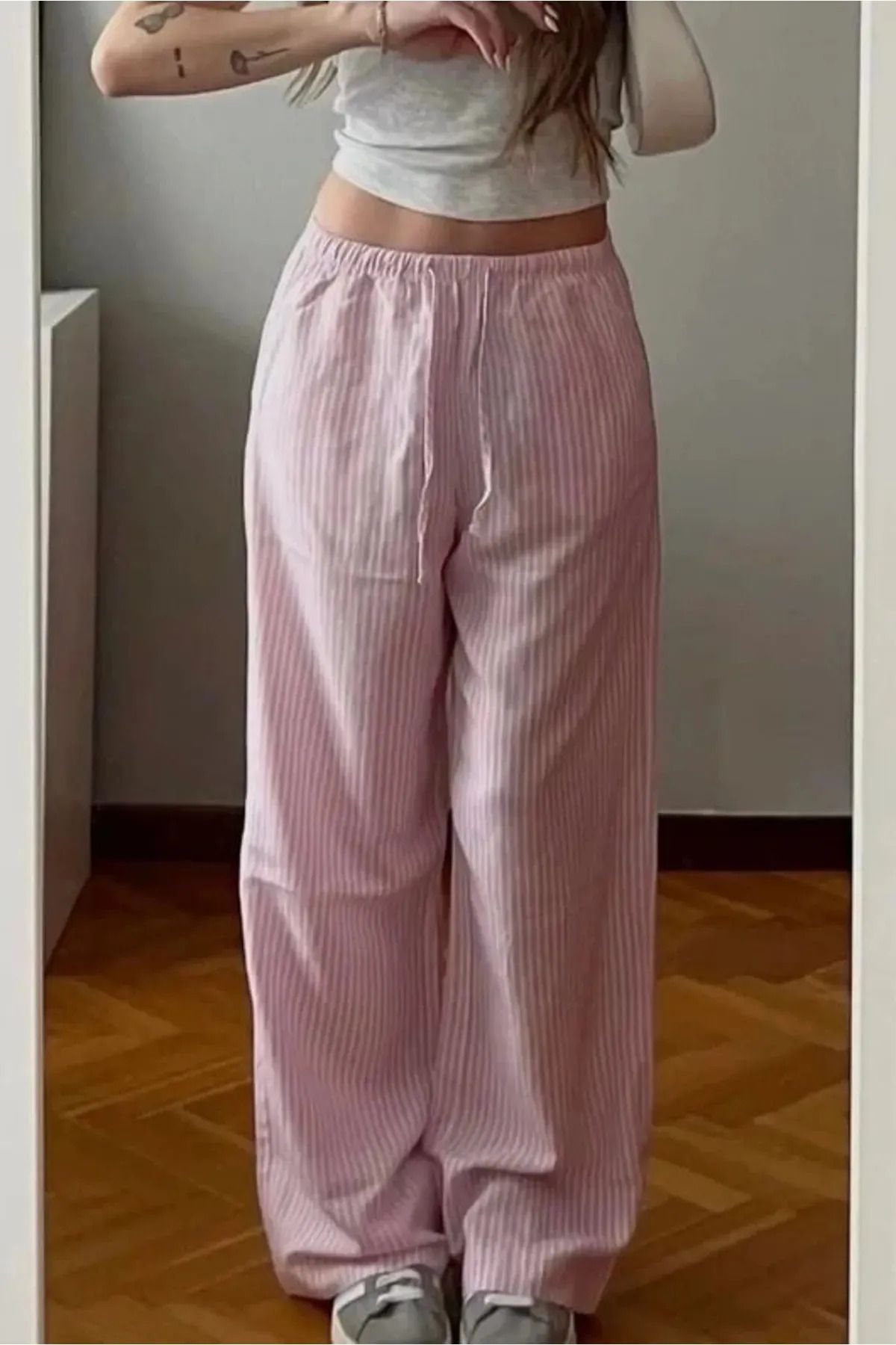weywot Pembe Çizgili Beli Lastikli Y2K Bol Paça Pantolon