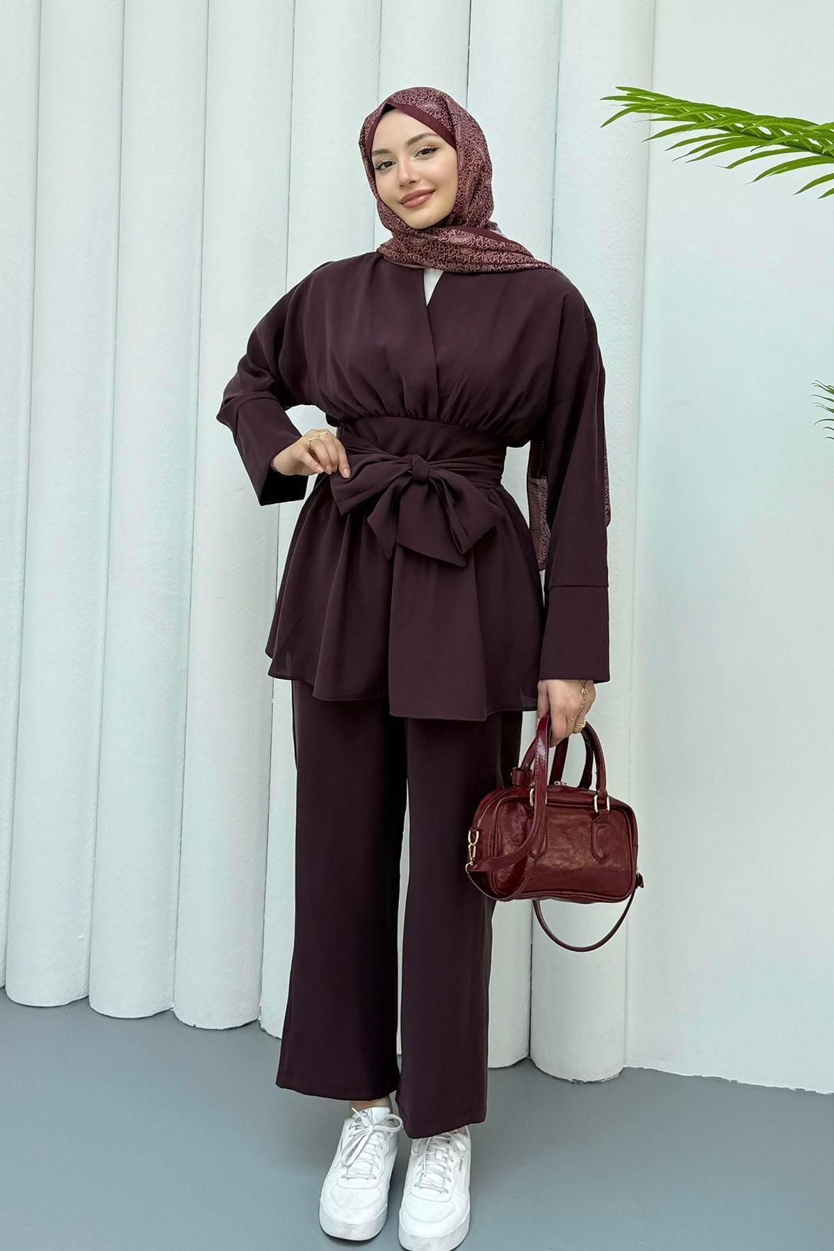 Modaensarbutik Modal Kumaş Belden Bağlamalı Tesettür Takım-BORDO