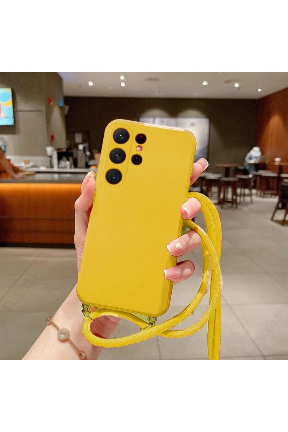 Coverzone iPhone 14 Pro Max ile uyumlu İpli Boyun Askılı Silikon Kılıf Kadife iç Yüzeyli Epiphany Kılıf Sarı