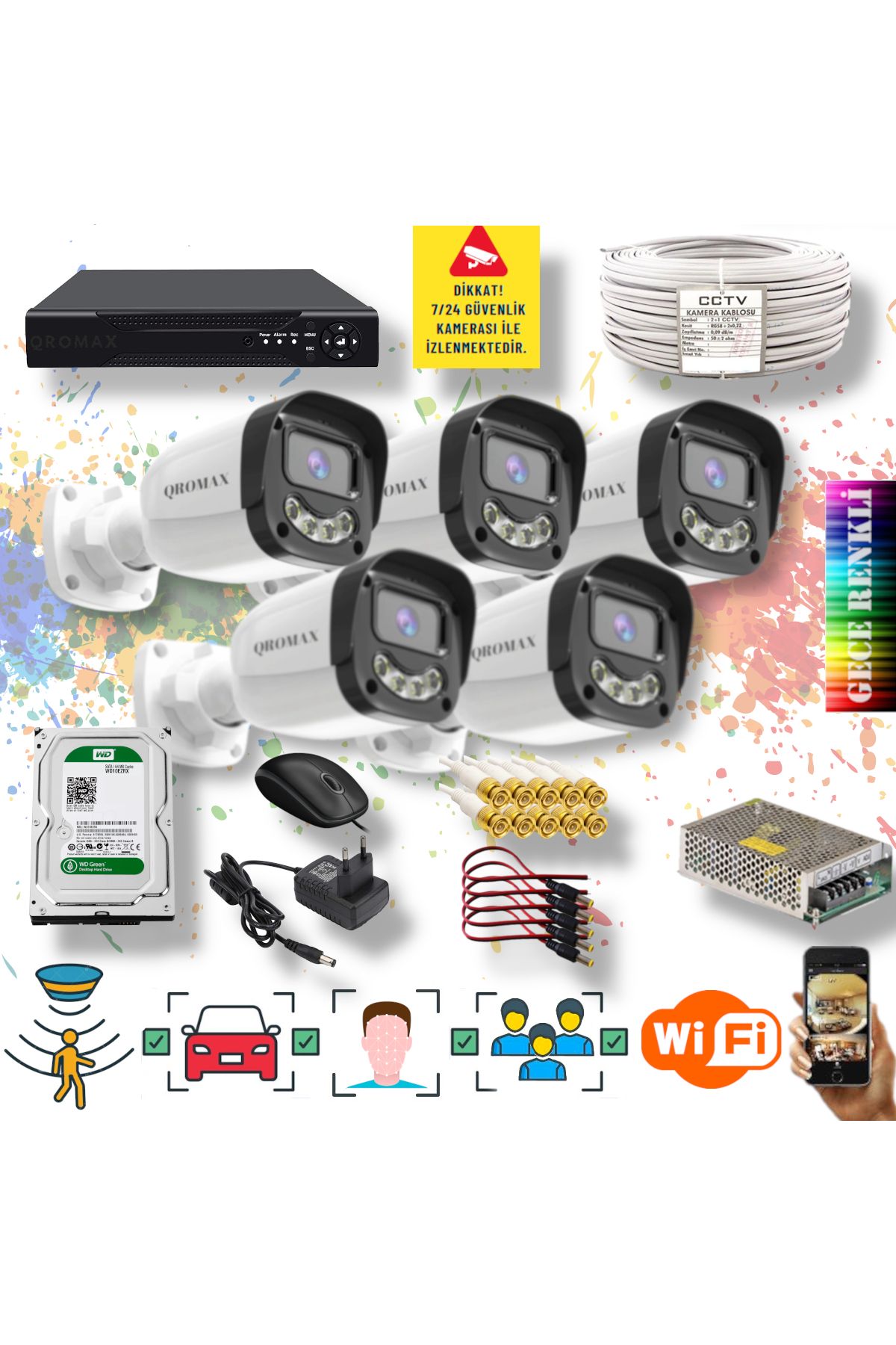 qromax 5 Kameralı Gece Renkli Yapay Zeka Özellikli SONY Lensli Güvenlik Kamerası Seti 2304W-108