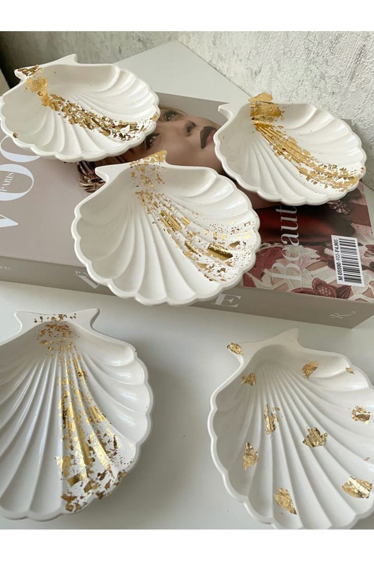 beautystyle Gold Varaklı El Yapımı - Dekoratif Beton Istiridye Takı Tabağı | Beyaz