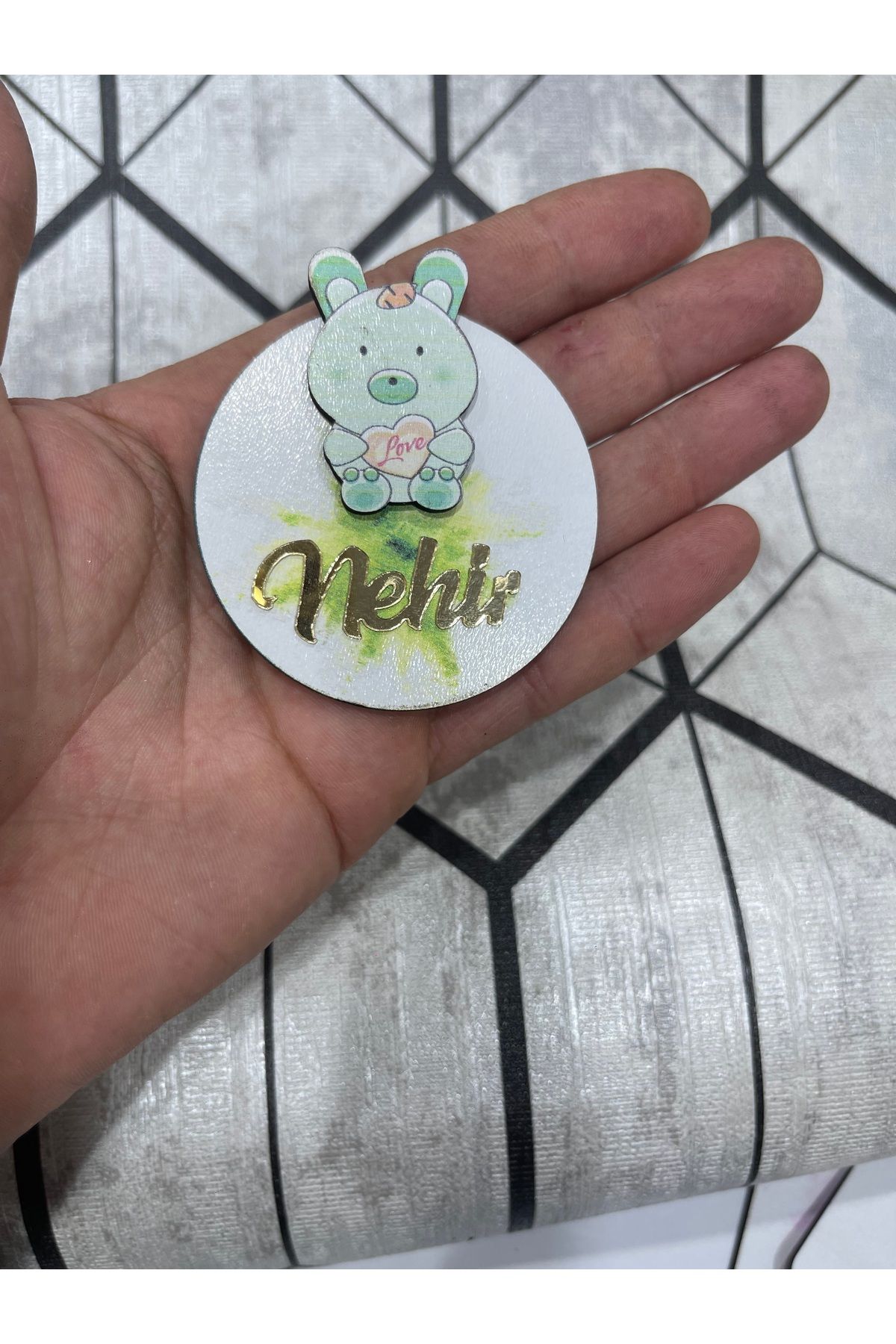 ELF REKLAM Yeşil Ayıcık Figürlü Ahşap Baskılı Pleksi Yazılı Magnet 10 Adet