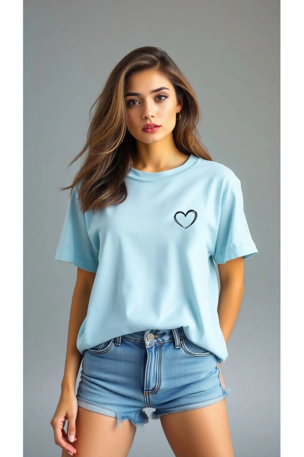puolikuu Oversize Kadın Tshirt renkli kalp baskılı tshrt tişört
