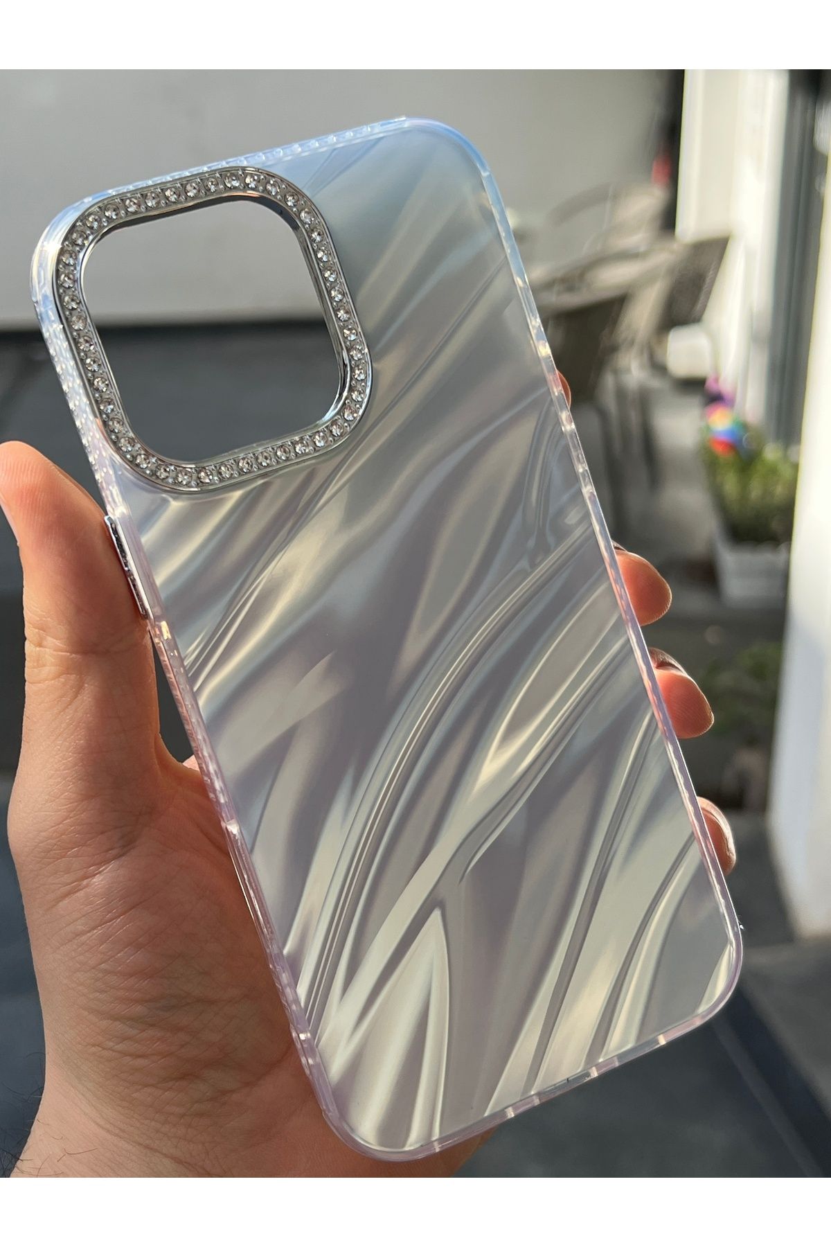 EDELFU iPhone 16 Pro Max Kamera Çevresi Taşlı ve Dalgalı Desenli Koruyucu Yanları Yumuşak Kılıf