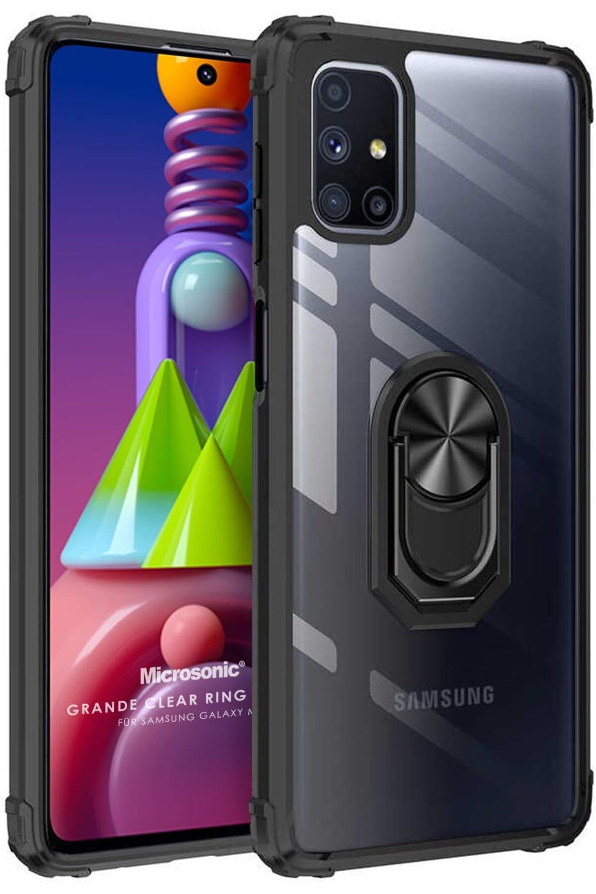ÇAĞUR Eser Galaxy M51 için Kılıf Grande Clear Ring Holder Siyah [Galaxy M51 ile Uyumlu Kılıf - Siyah]