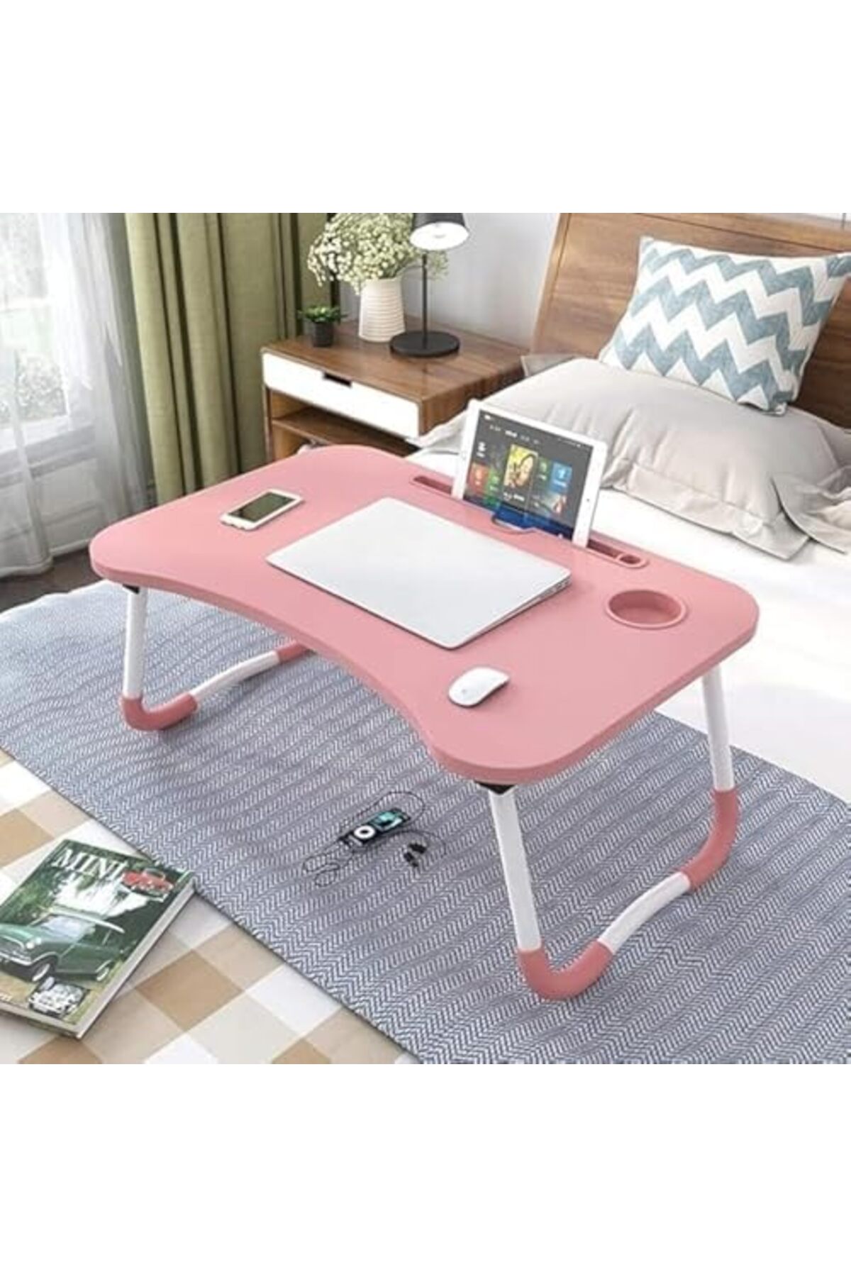 طاولة لابتوب للسرير محمولة قابلة للطي مع حامل أكواب للعمل وتناول الطعام والكتابة، لون زهري