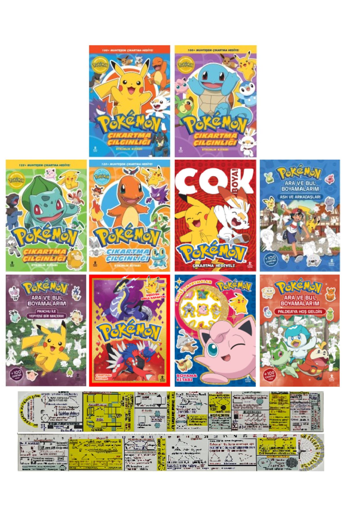 Doğan Çocuk Pokemon Çıkartma-Boyama-Etkinlik Kitapları 10'lu Set + Mat. Öğreten Cetvel