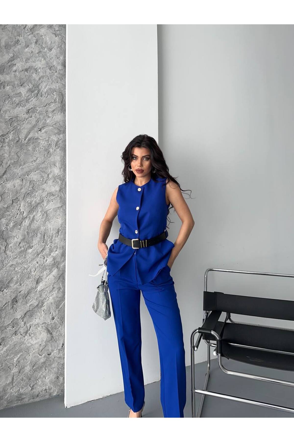 Ensemble veste et pantalon ceinturé femme SAX Double Crêpe Importé - Görsel 3
