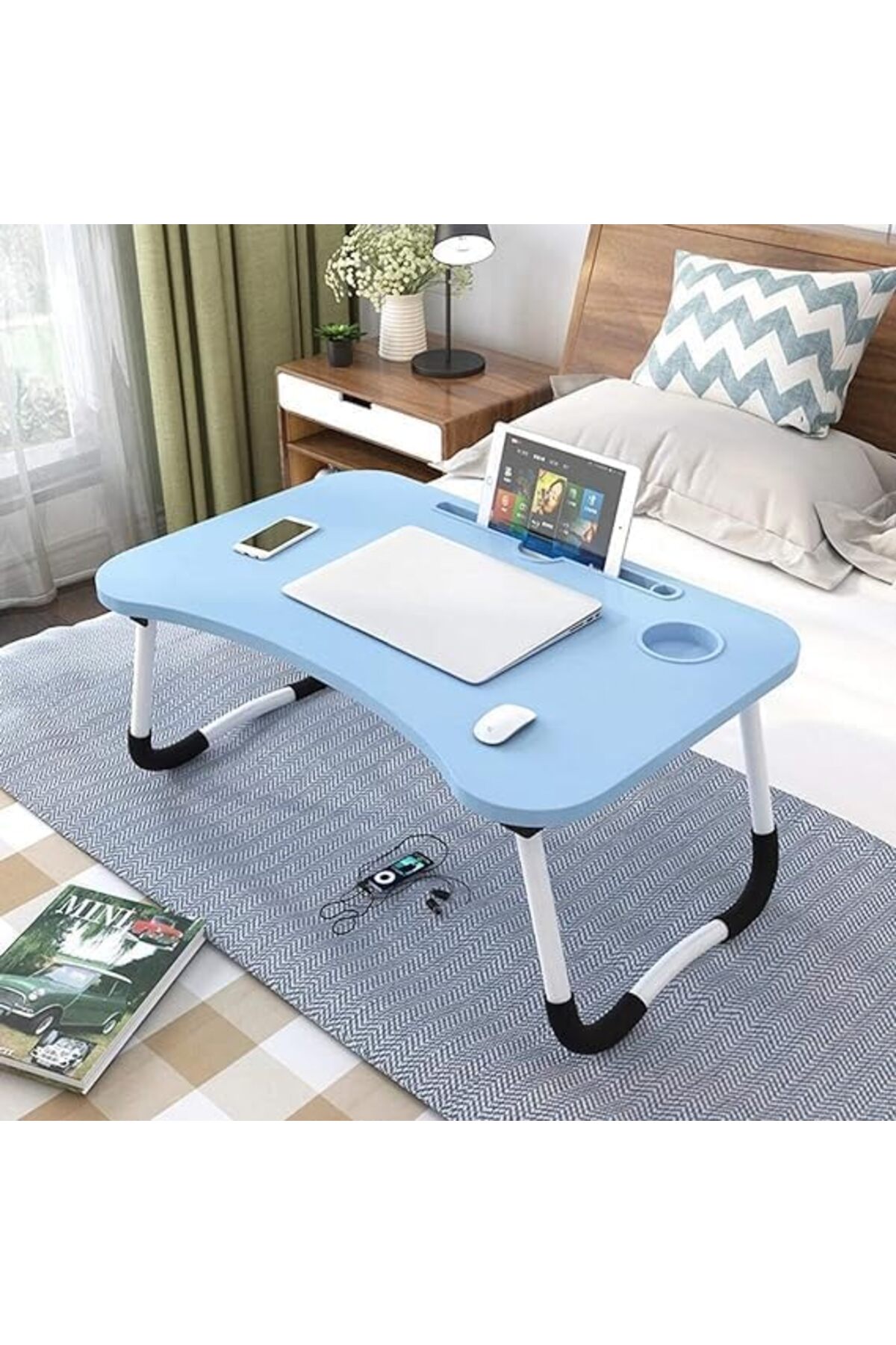طاولة لابتوب للسرير محمولة قابلة للطي مع حامل أكواب للعمل وتناول الطعام والكتابة، لون ازرق فاتح
