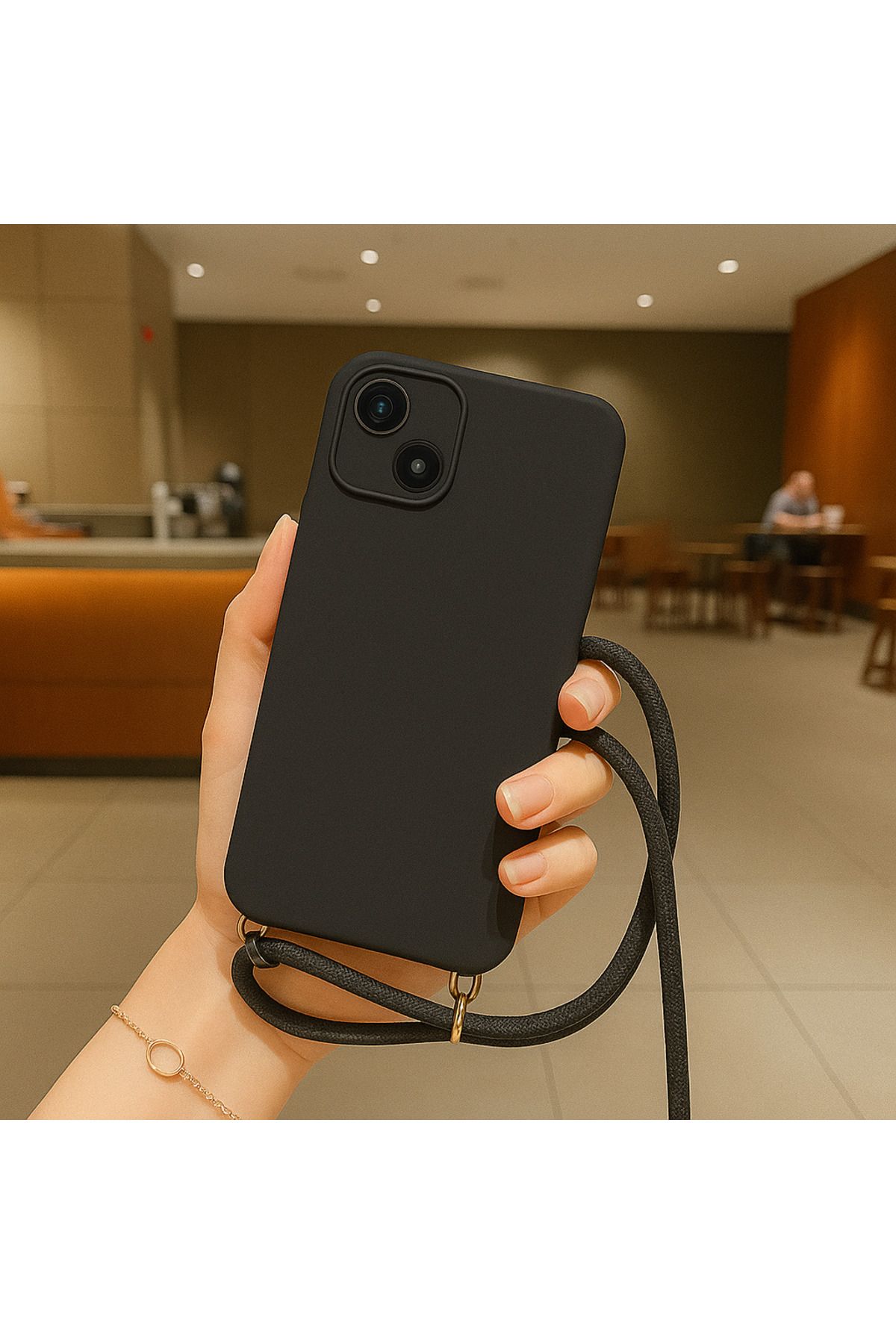 Coverzone iPhone 14 ile uyumlu İpli Boyun Askılı Silikon Kılıf Kadife iç Yüzeyli Epiphany Kılıf Siyah